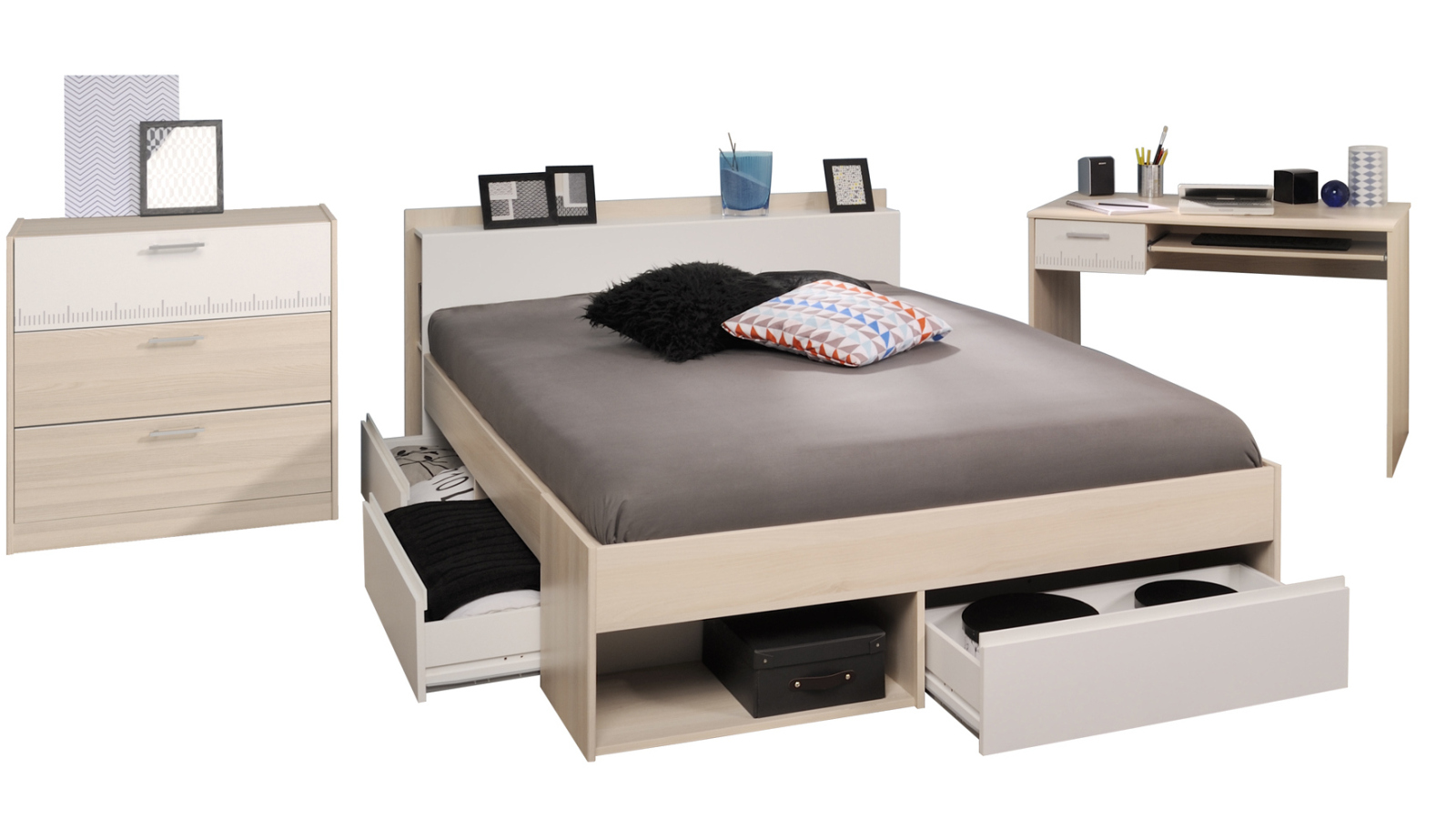 3-teiliges Jugendzimmer-Set MOST 60 - Akazie-weiß - Kommode - 160x200 cm