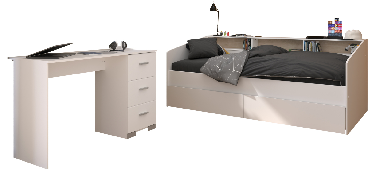 3-teiliges Kinderzimmer SLEEP 46 - weiß - mit 2 Bettschubkästen