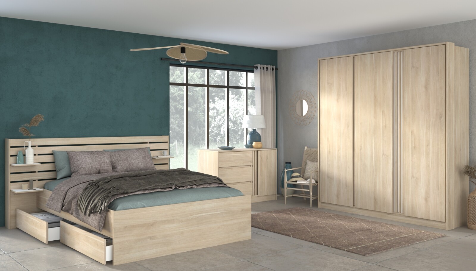 3-teiliges Schlafzimmer-Set ESCALE 21 - Japanische Eiche - 140x200 cm