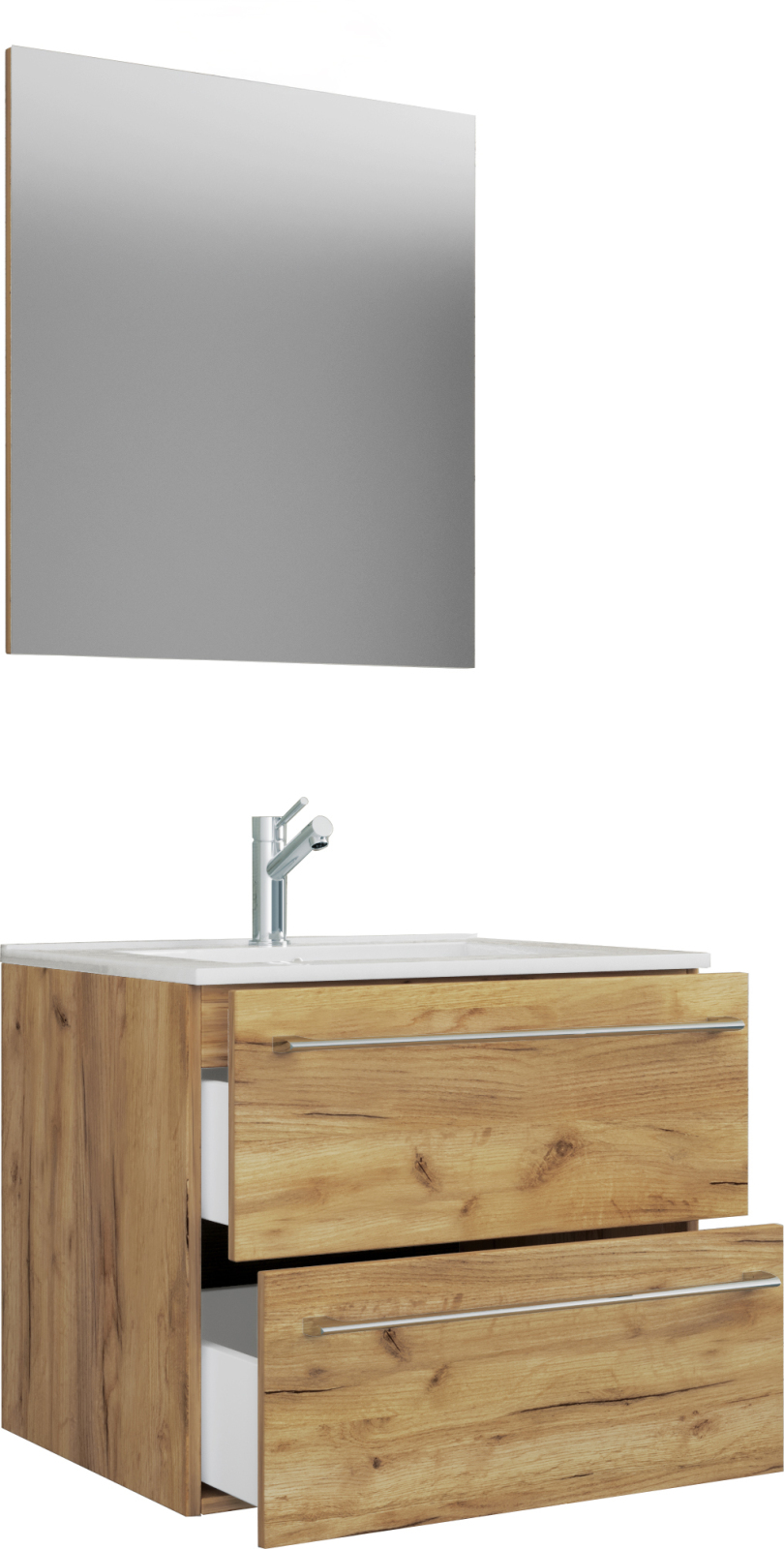 3-teiliges Waschplatz-Set BADINOS - Honig Eiche - mit Spiegel - 60 cm