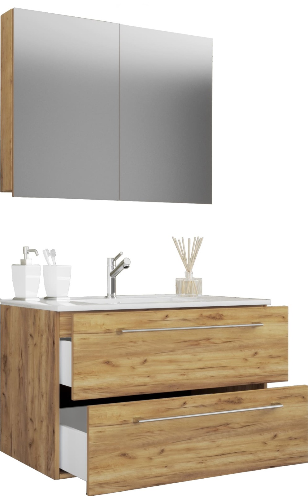 3-teiliges Waschplatz-Set BADINOS - Honig Eiche - mit Spiegelschrank