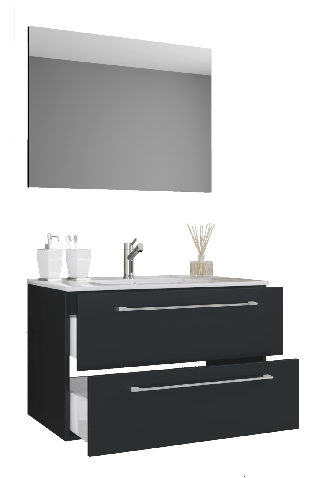 3-teiliges Waschplatz-Set BADINOS - schwarz - mit Spiegel - 60 cm