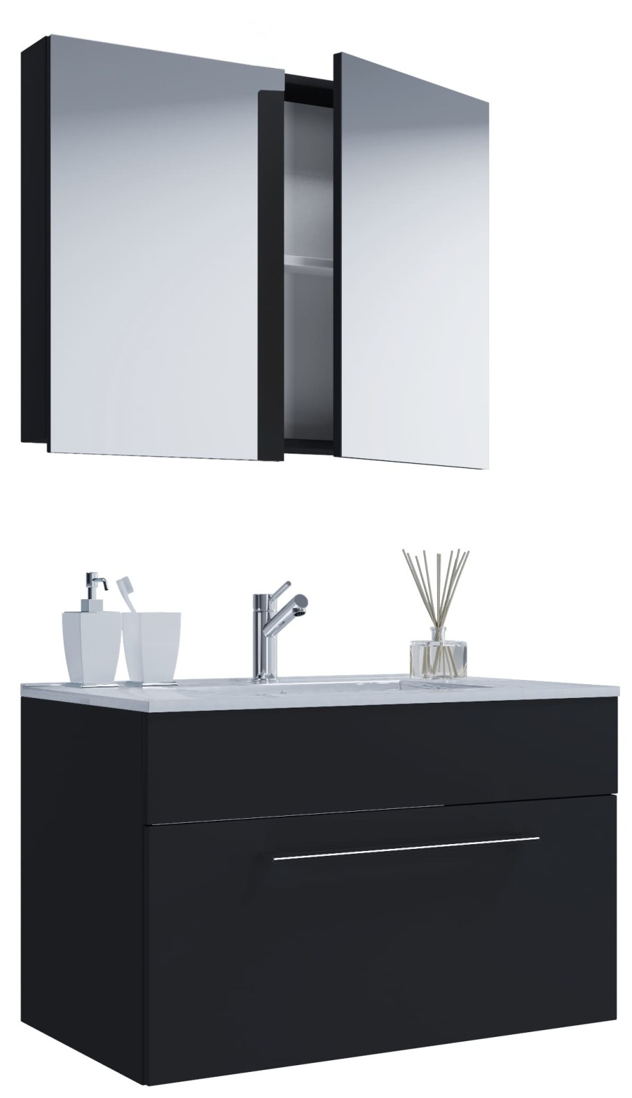 3-teiliges Waschplatz-Set BADINOS - schwarz - mit Spiegelschrank
