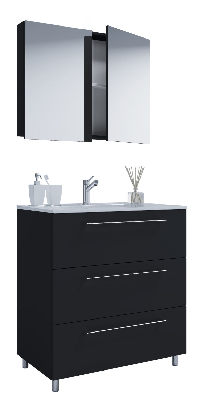 3-teiliges Waschplatz-Set BADINOS - schwarz - mit Spiegelschrank