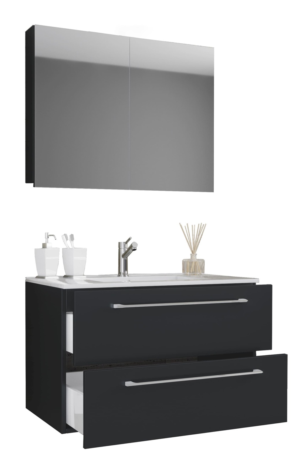 3-teiliges Waschplatz-Set BADINOS - schwarz - mit Spiegelschrank