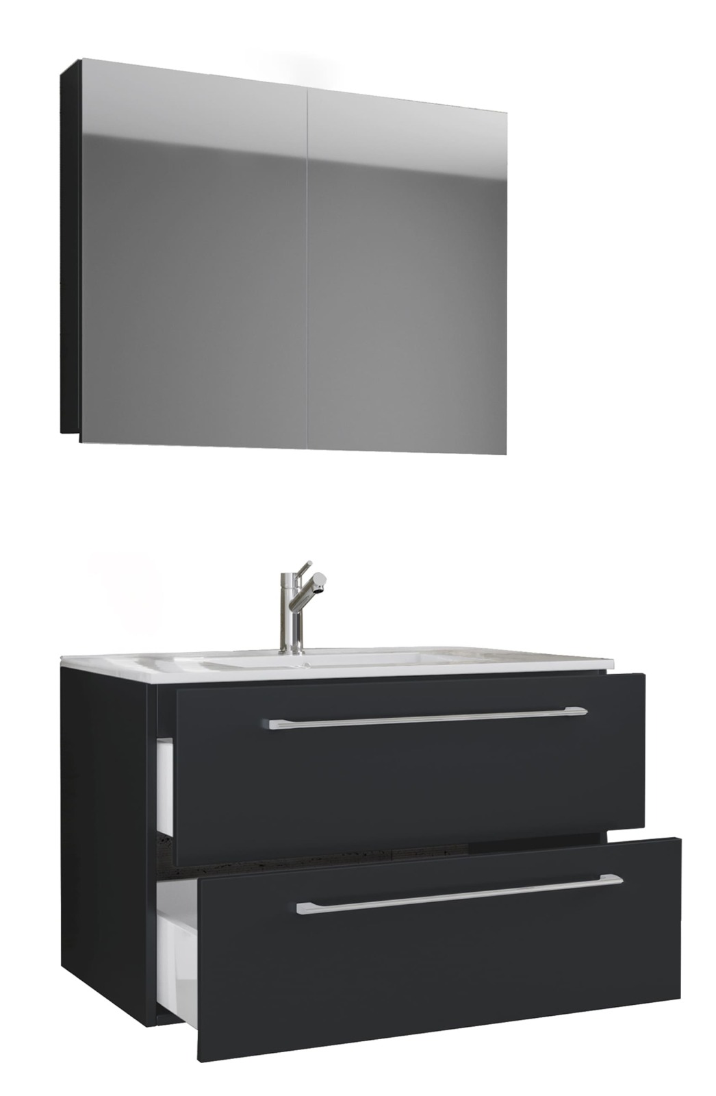 3-teiliges Waschplatz-Set BADINOS - schwarz - mit Spiegelschrank