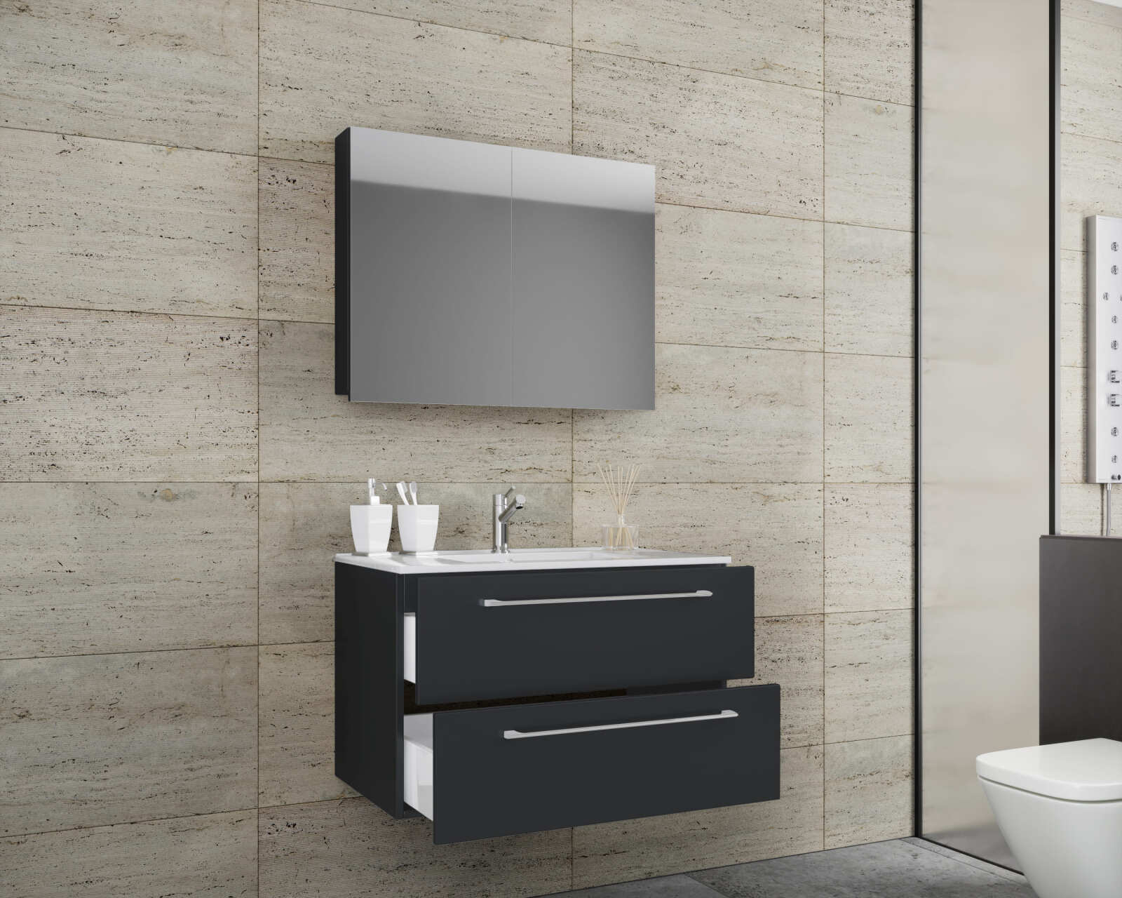 3-teiliges Waschplatz-Set BADINOS - schwarz - mit Spiegelschrank