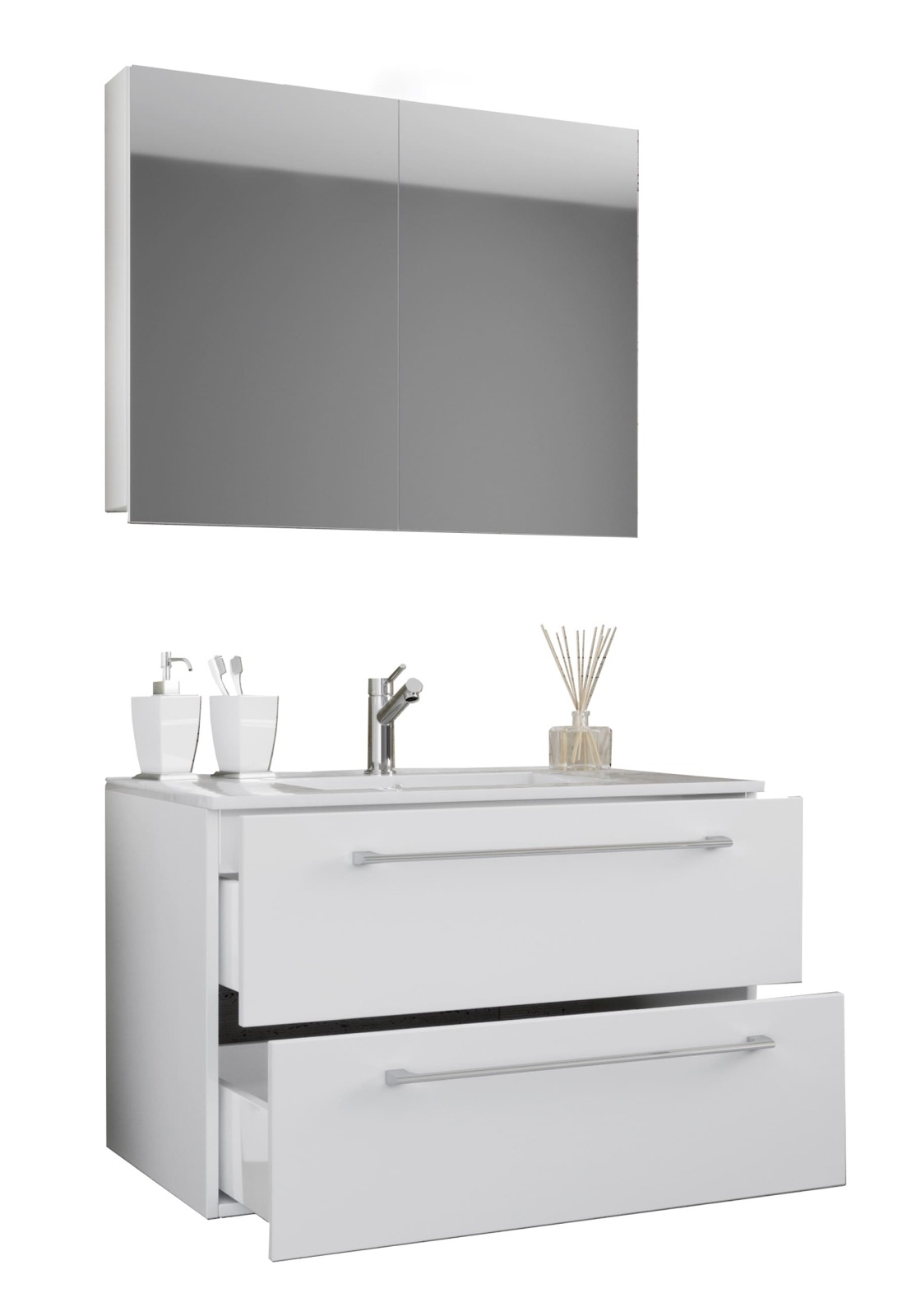 3-teiliges Waschplatz-Set BADINOS - weiß - mit Spiegelschrank