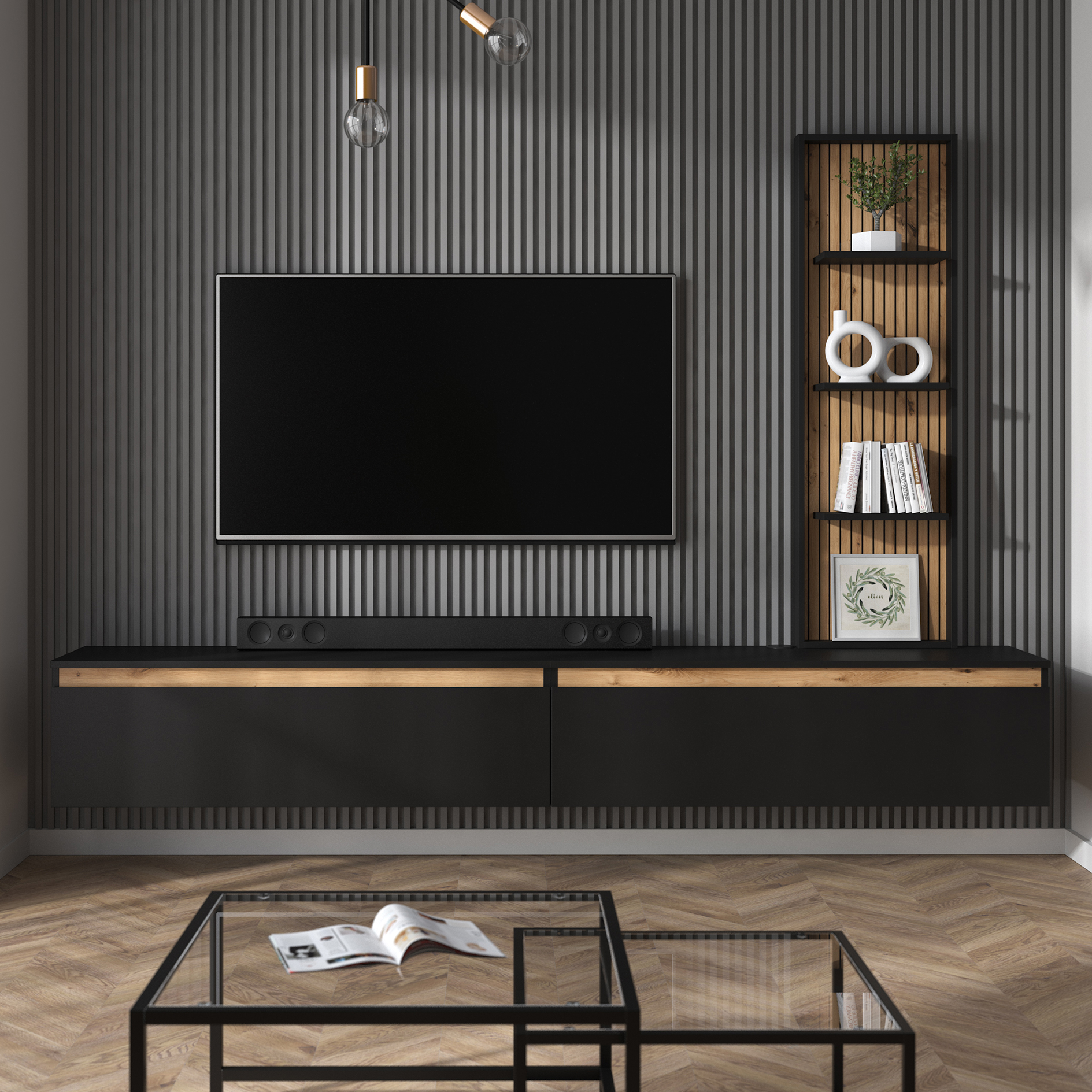 3-teiliges Wohnwand-Set - schwarz - Artisan Eiche - 230 cm 