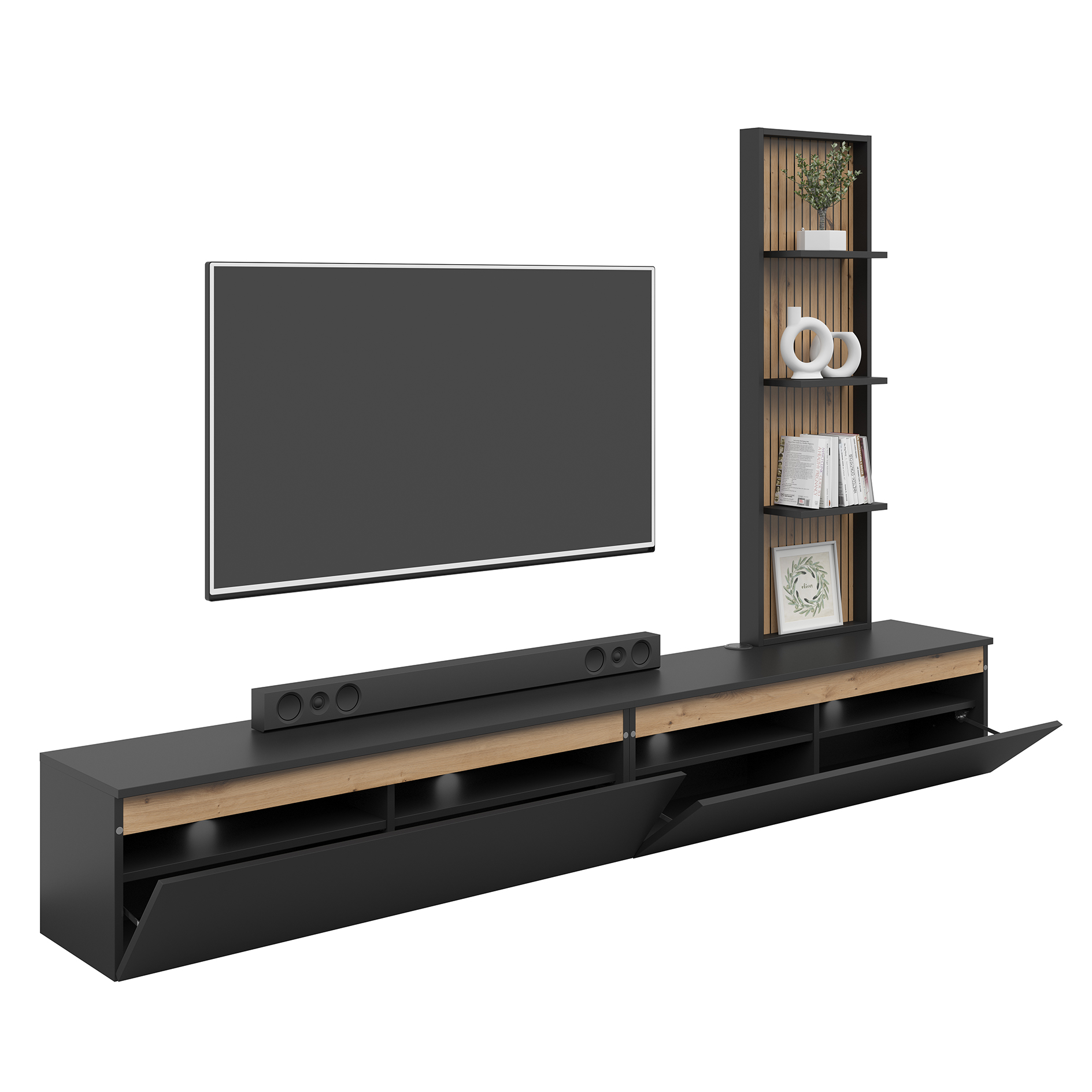 3-teiliges Wohnwand-Set - schwarz - Artisan Eiche - 230 cm 