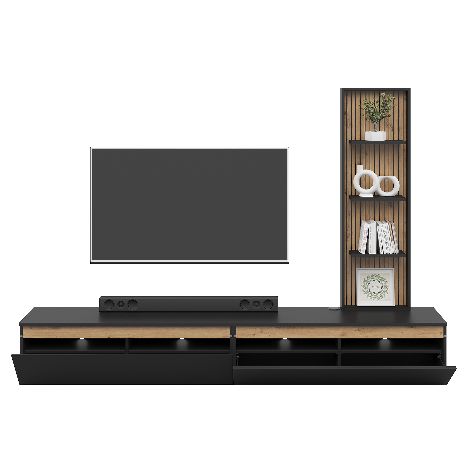 3-teiliges Wohnwand-Set - schwarz - Artisan Eiche - 230 cm 
