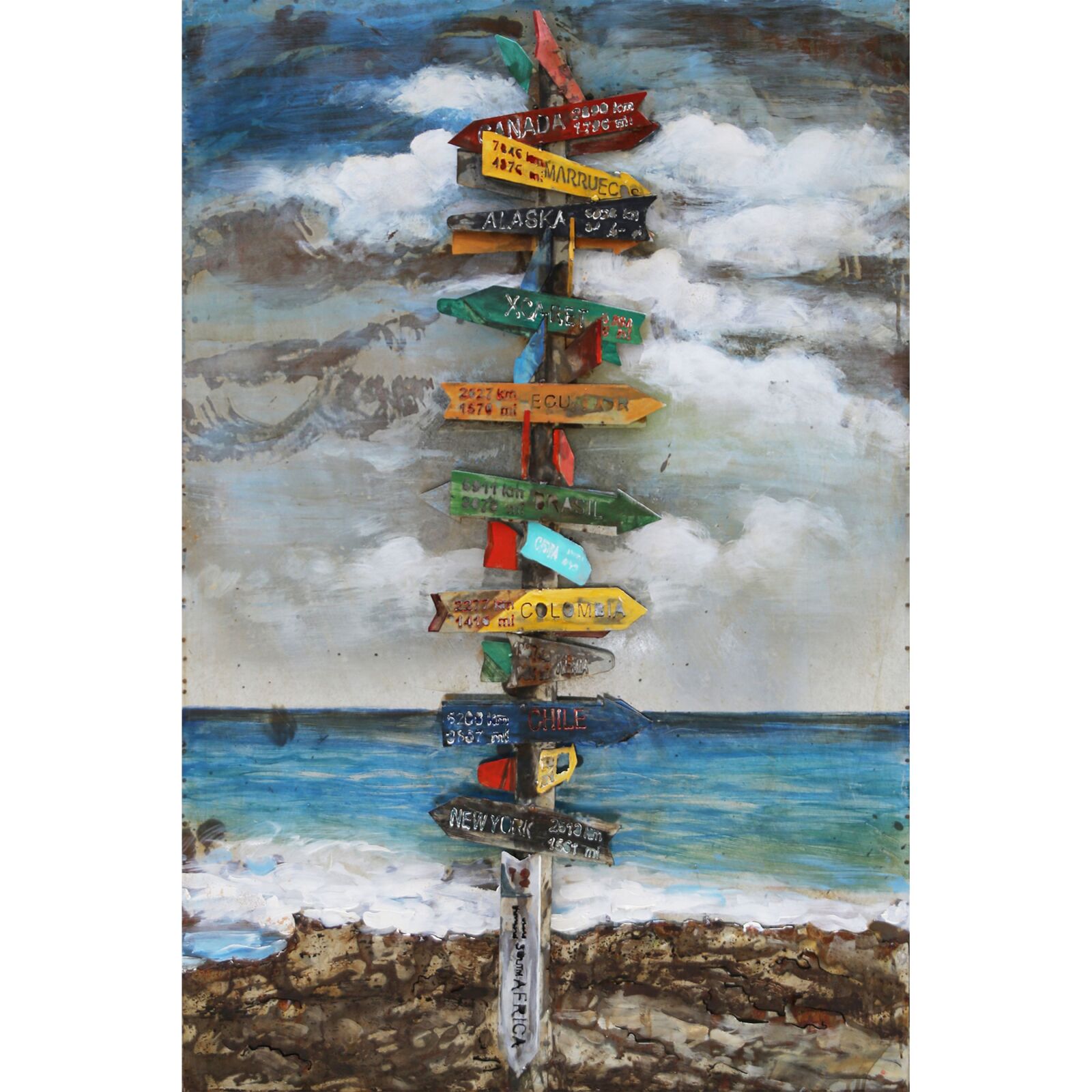 3D-Metallbild Wegweiser - bunt - 120x80 cm