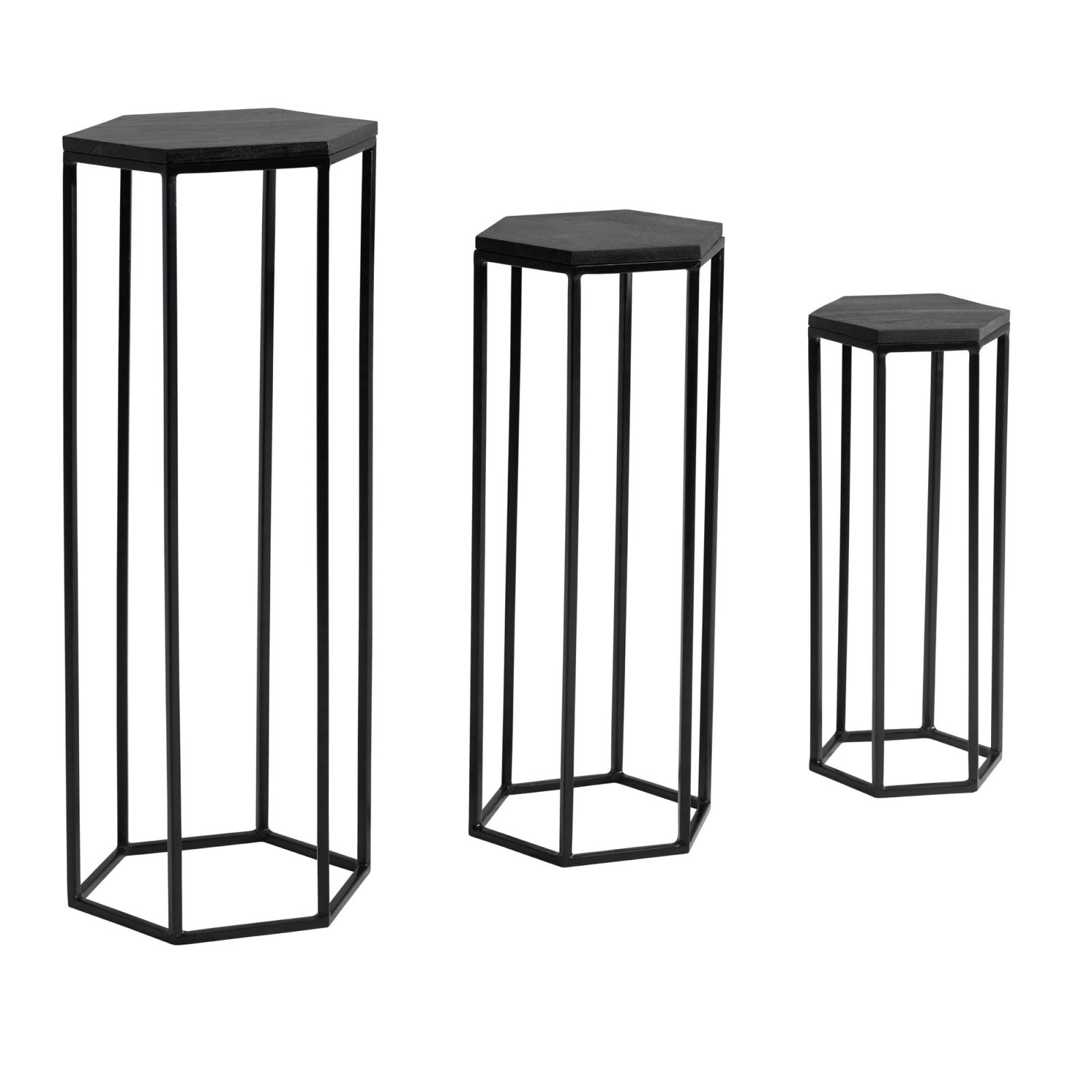 3er-Set Beistelltisch - schwarz - Massivholz