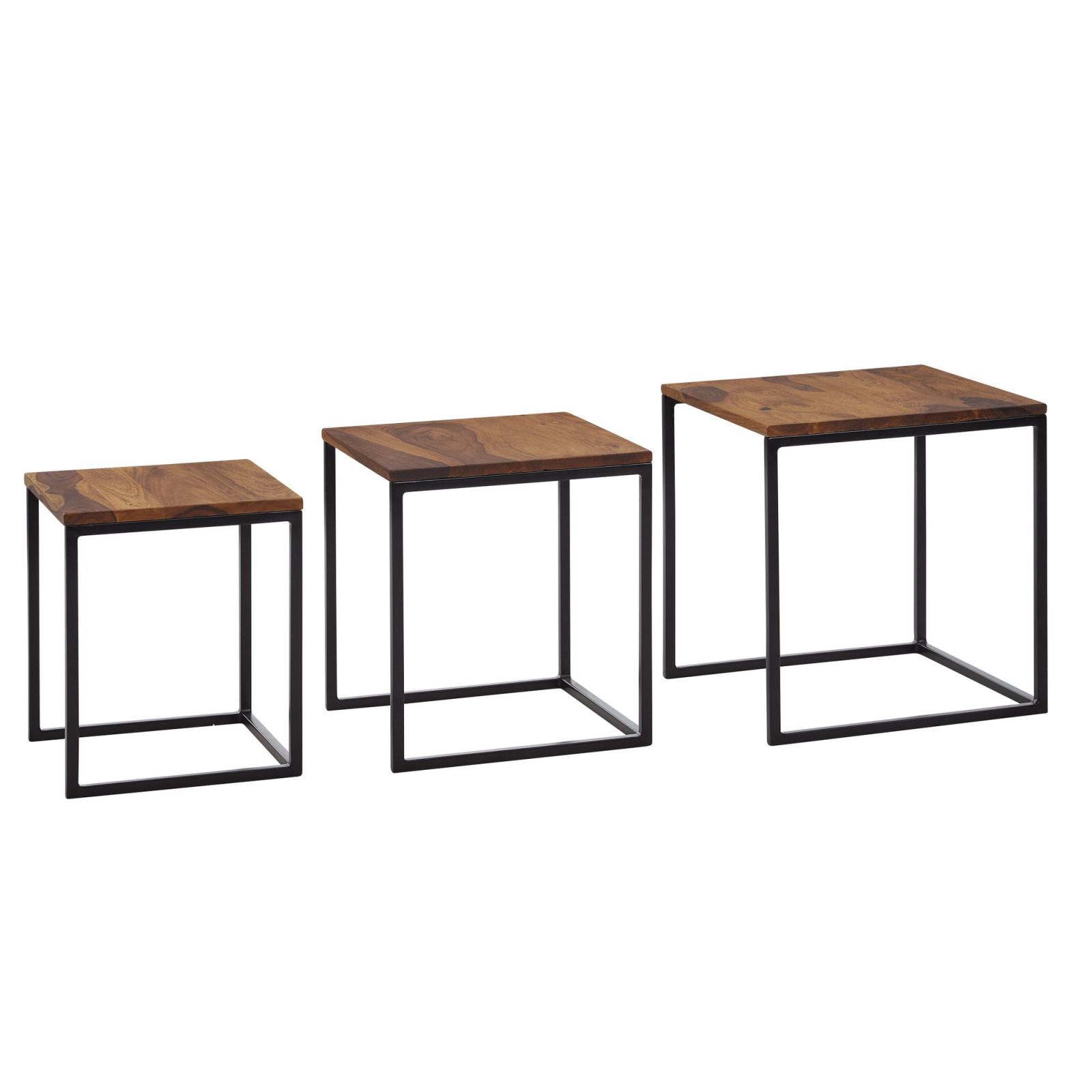 3er-Set Beistelltisch - schwarz - Sheesham massiv