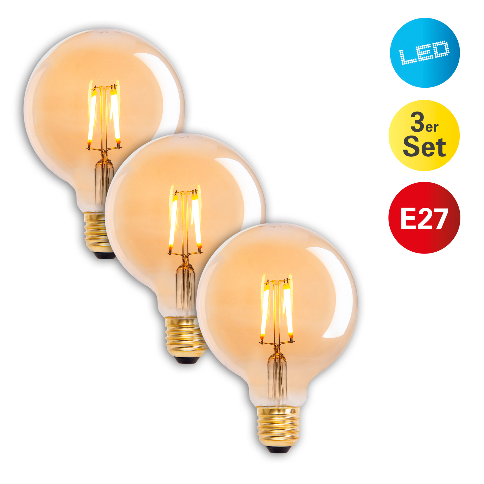 3er-Set LED-Leuchtmittel DILLY - messing - Filament Glühfäden - E27