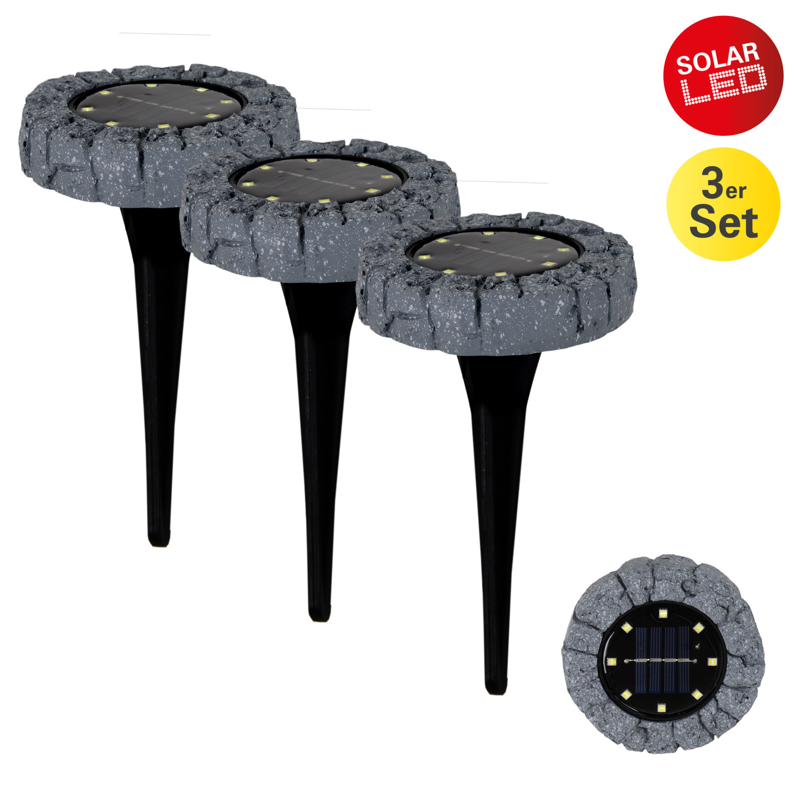 3er-Set LED-Solar-Erdspieße KIAN - grau-schwarz - Steinoptik