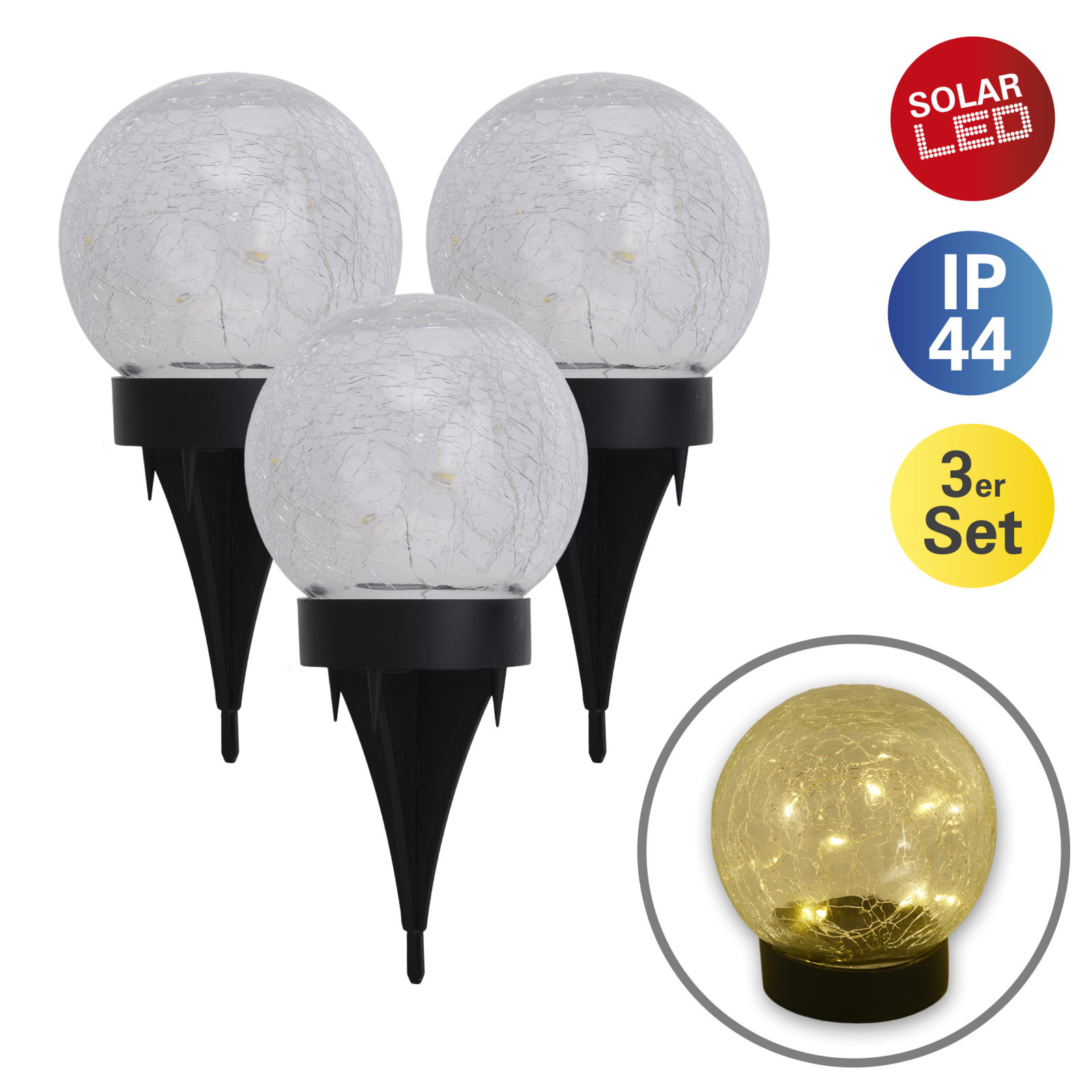 3er-Set-LED-Solar-Tischleuchte CRACKLE - Erdspieß - Glas