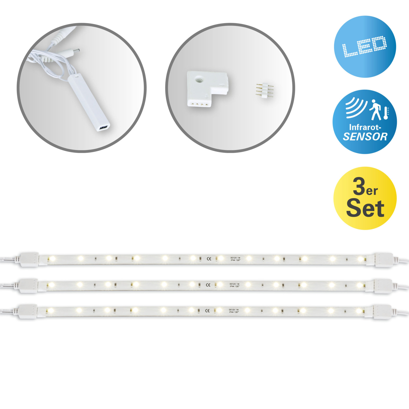 3er-Set LED-Stripe - weiß - mit Bewegungsmelder - je 30 cm