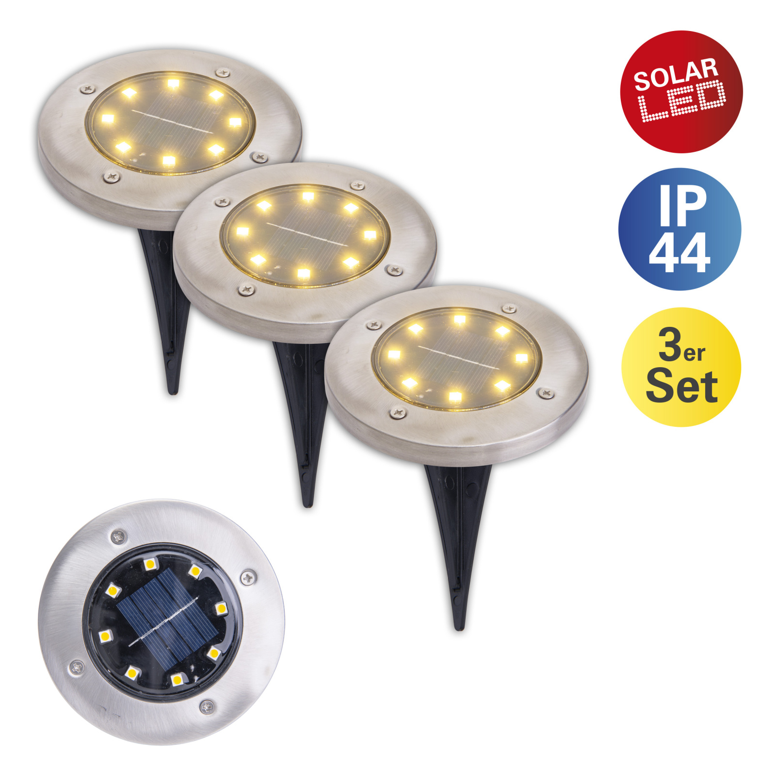 3er-Set Solar-LED-Bodenleuchten KIAN - edelstahl-schwarz - mit Erdspieß
