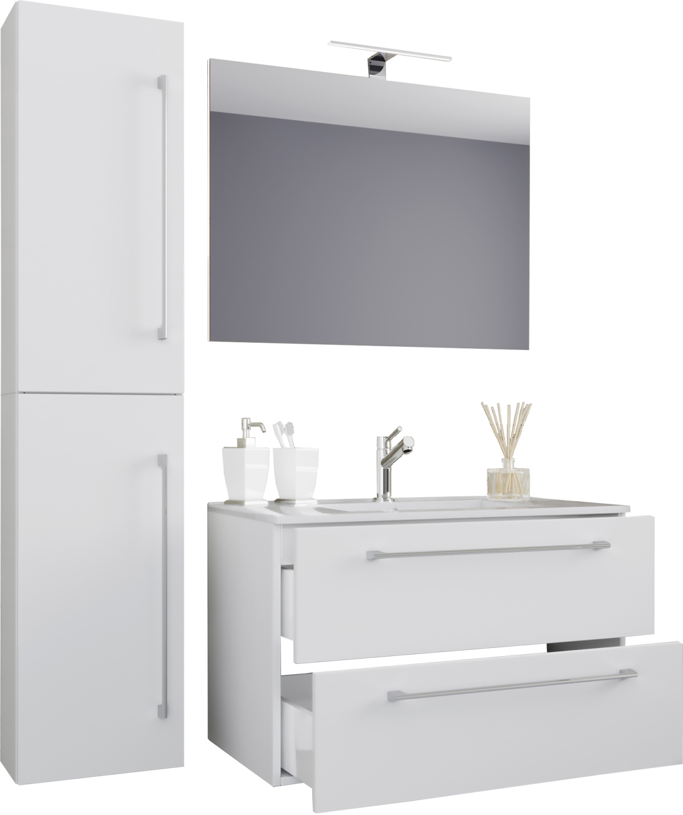 4-teilges Badmöbel-Set BADINOS - weiß - mit Spiegel - 80 cm
