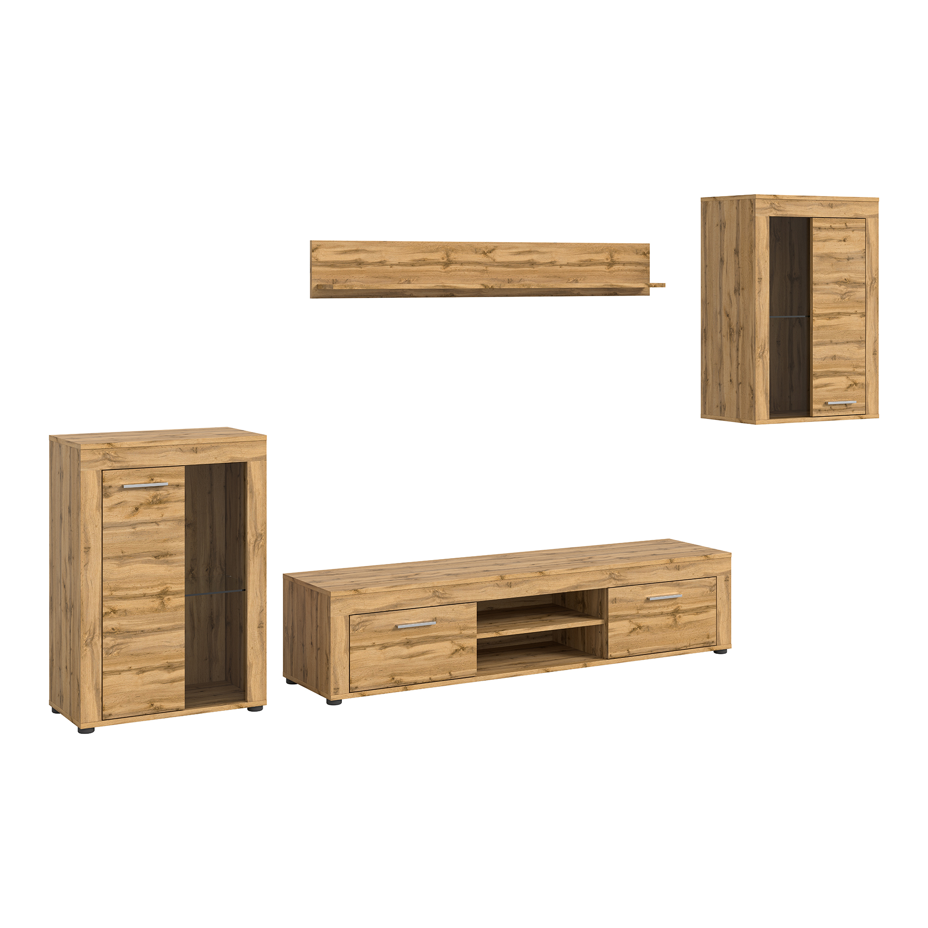 4-teilig Wohnkombination JAM - Wotan Eiche - 2 kleine Vitrinen - 310 cm