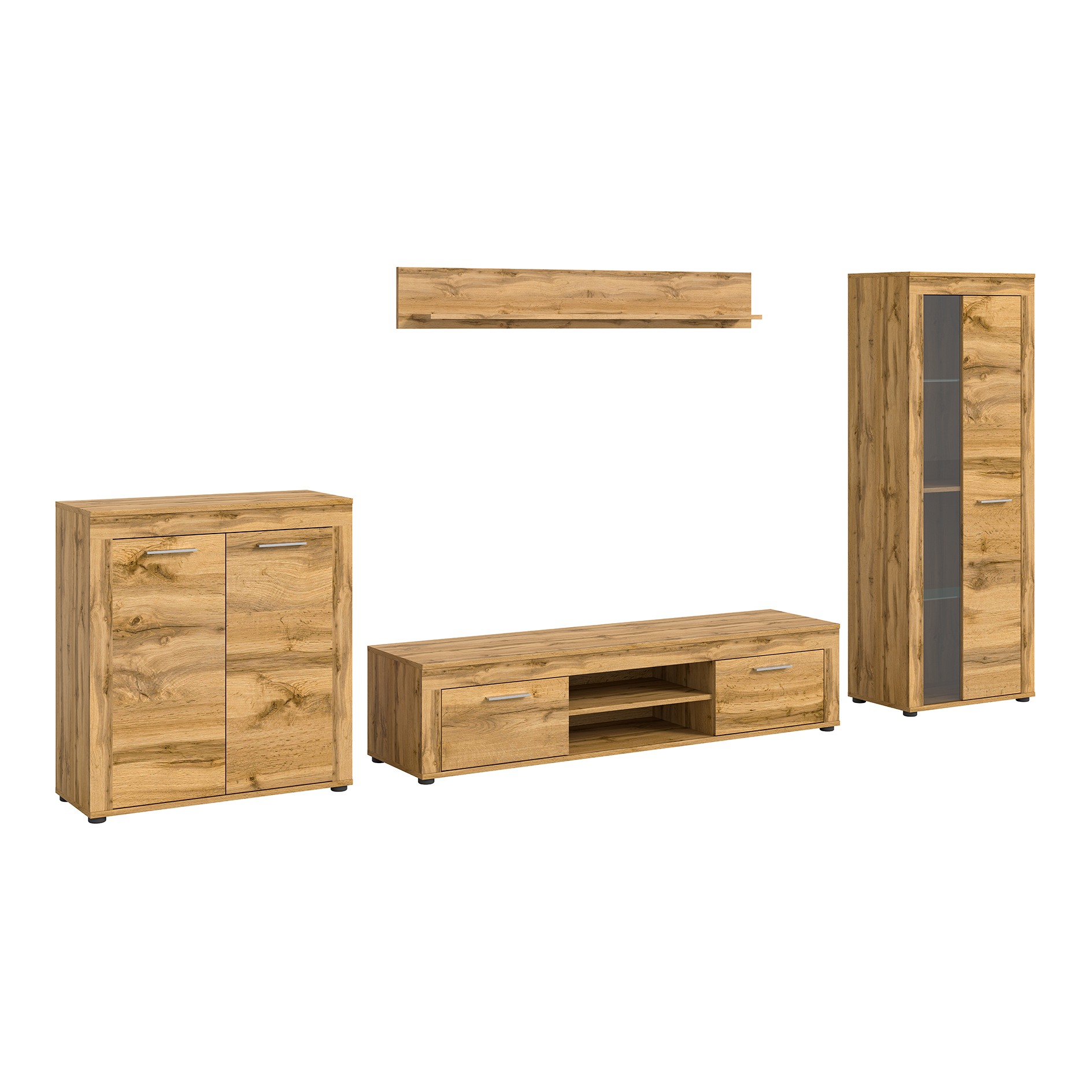 4-teilig Wohnkombination JAM - Wotan Eiche - mit Vitrine - 330 cm