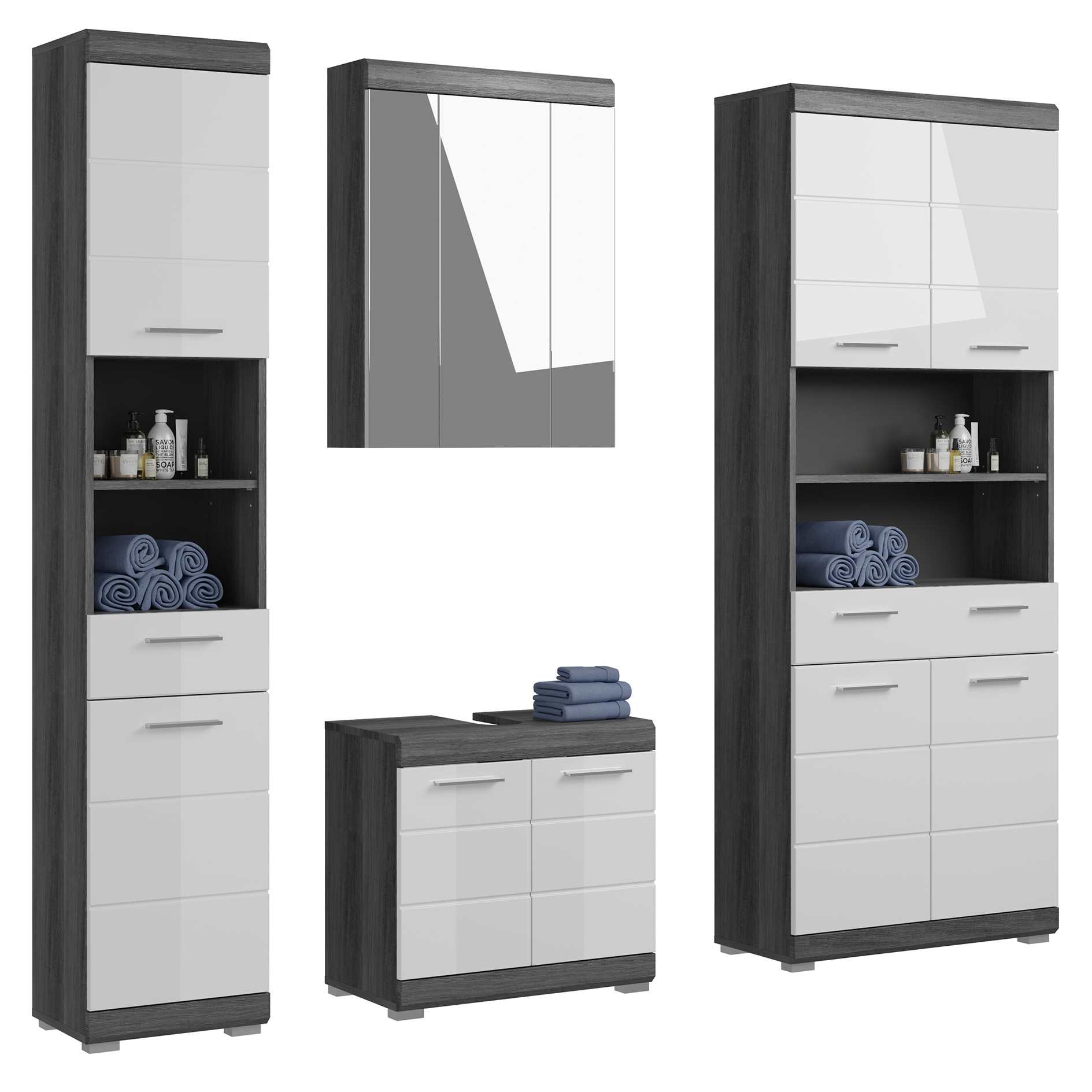 4-teilige Badkombination SCOUT - Rauchsilber - weiß Hochglanz - Spiegelschrank - 186 cm
