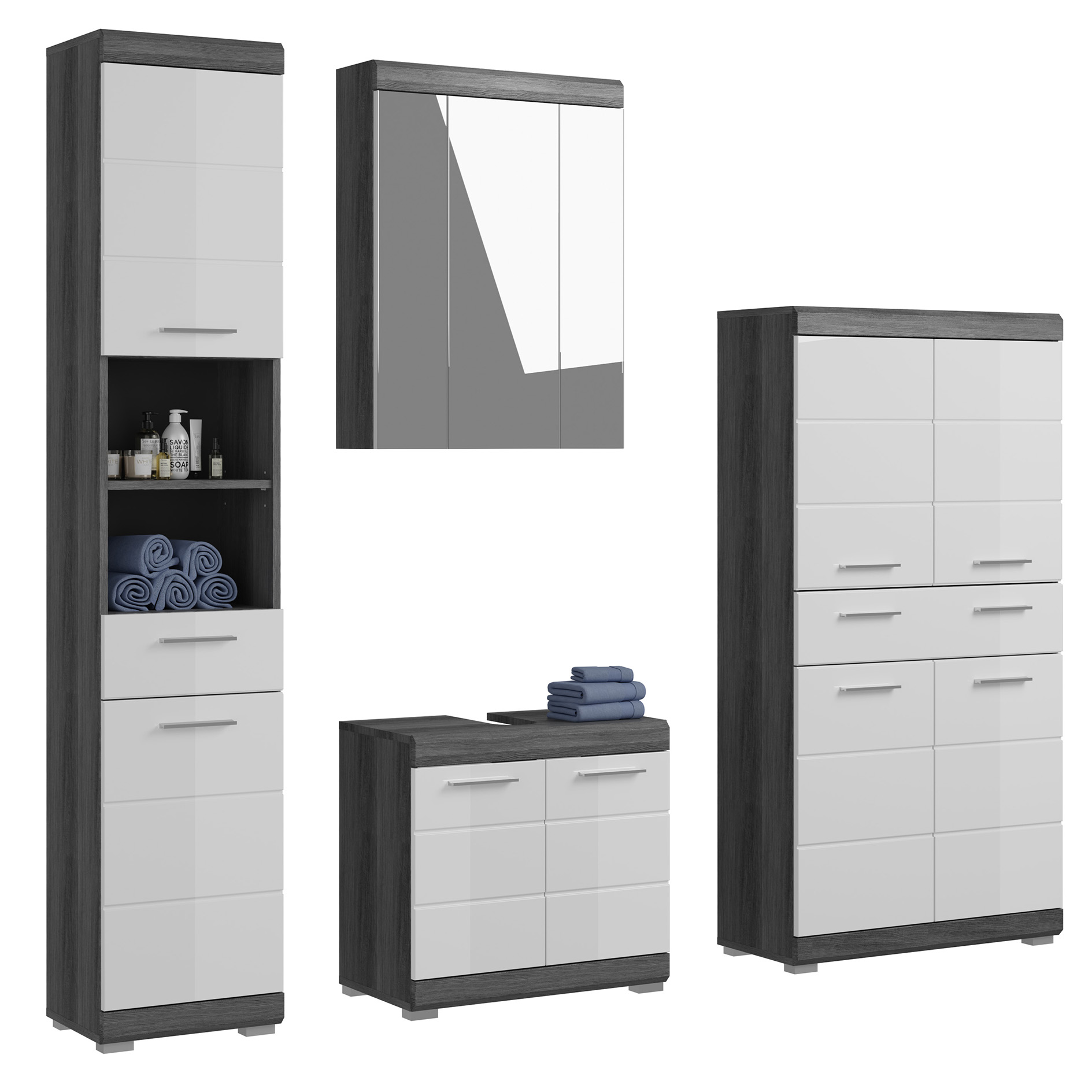 4-teilige Badkombination SCOUT - Rauchsilber - weiß Hochglanz - Spiegelschrank - 186 cm