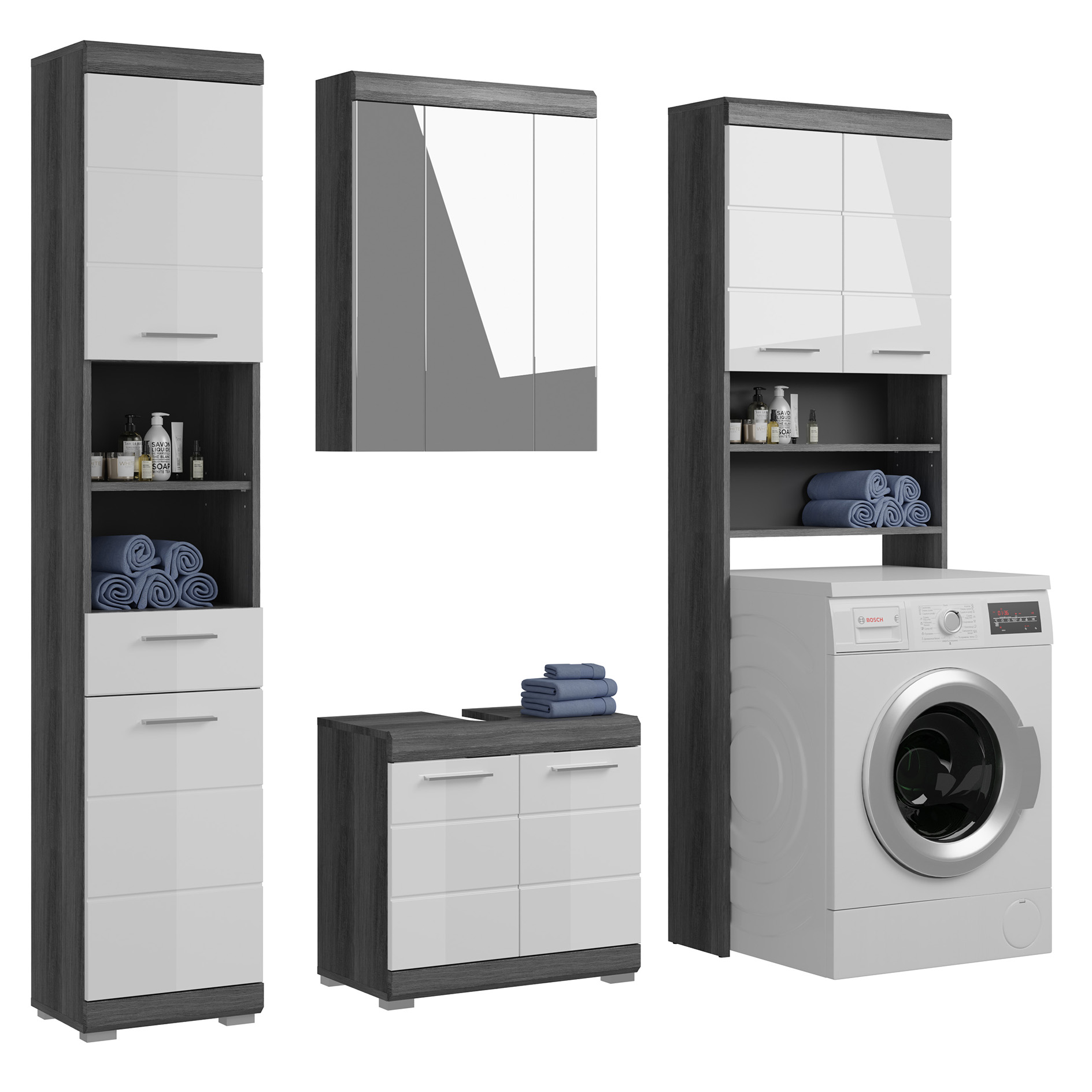 4-teilige Badkombination SCOUT - Rauchsilber - weiß Hochglanz - Spiegelschrank - 190 cm