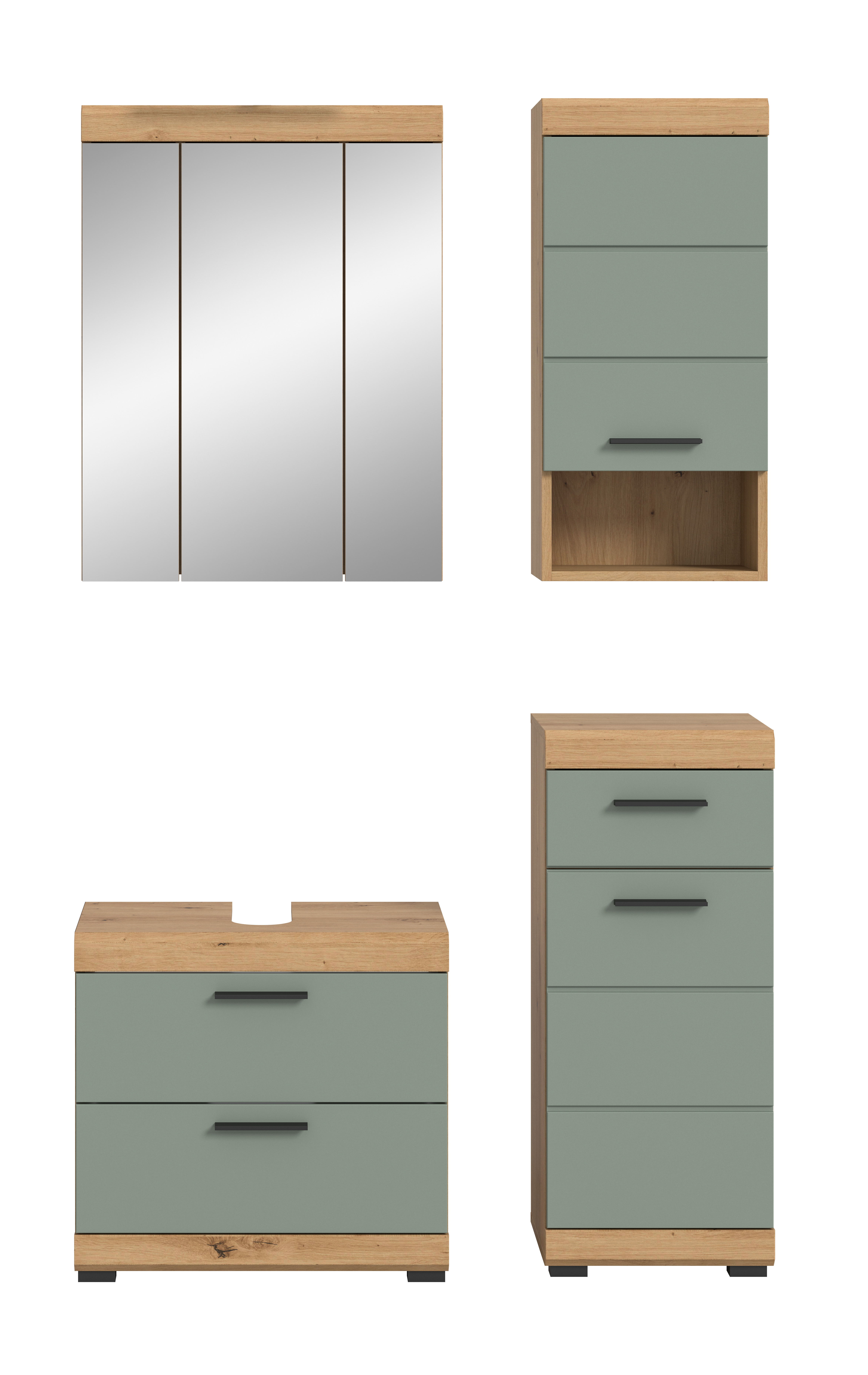 4-teilige Badkombination SCOUT - Salbei - Artisan Eiche - Spiegelschrank - 112 cm