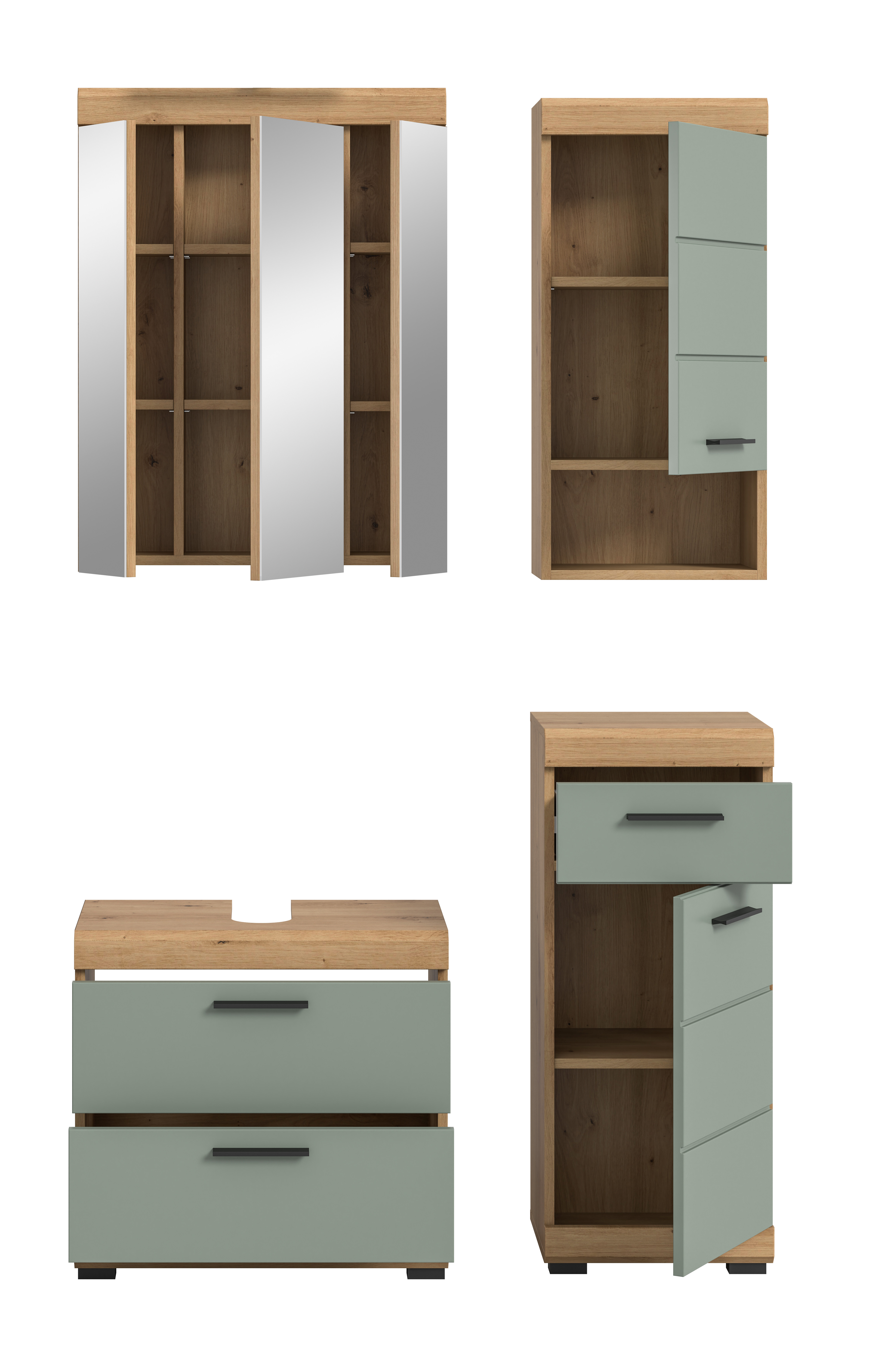4-teilige Badkombination SCOUT - Salbei - Artisan Eiche - Spiegelschrank - 112 cm