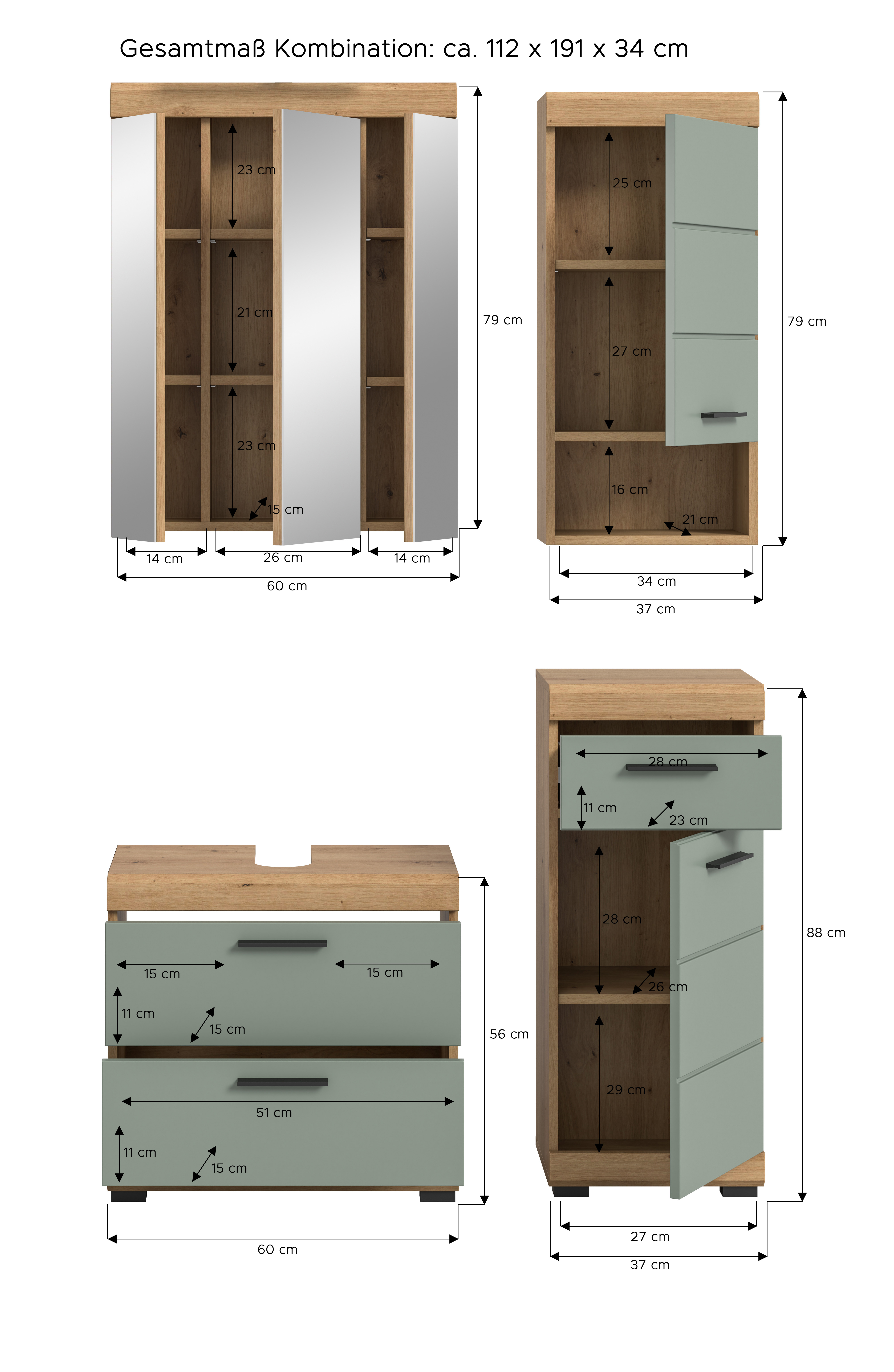 4-teilige Badkombination SCOUT - Salbei - Artisan Eiche - Spiegelschrank - 112 cm