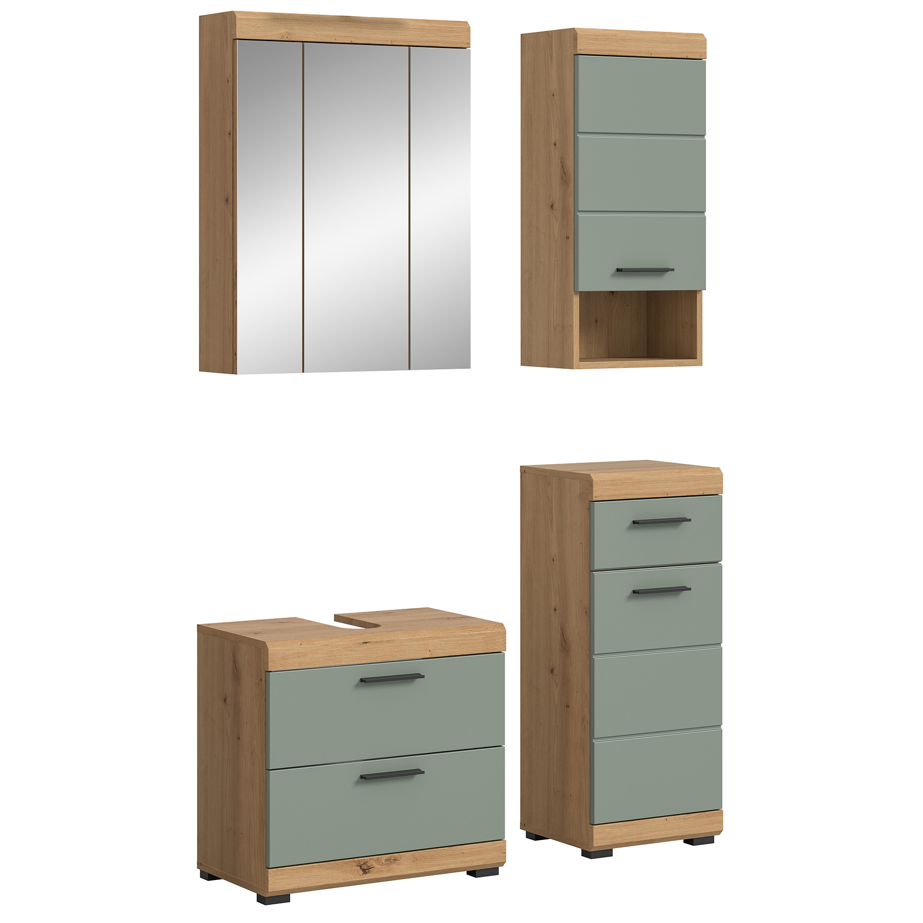 4-teilige Badkombination SCOUT - Salbei - Artisan Eiche - Spiegelschrank - 112 cm