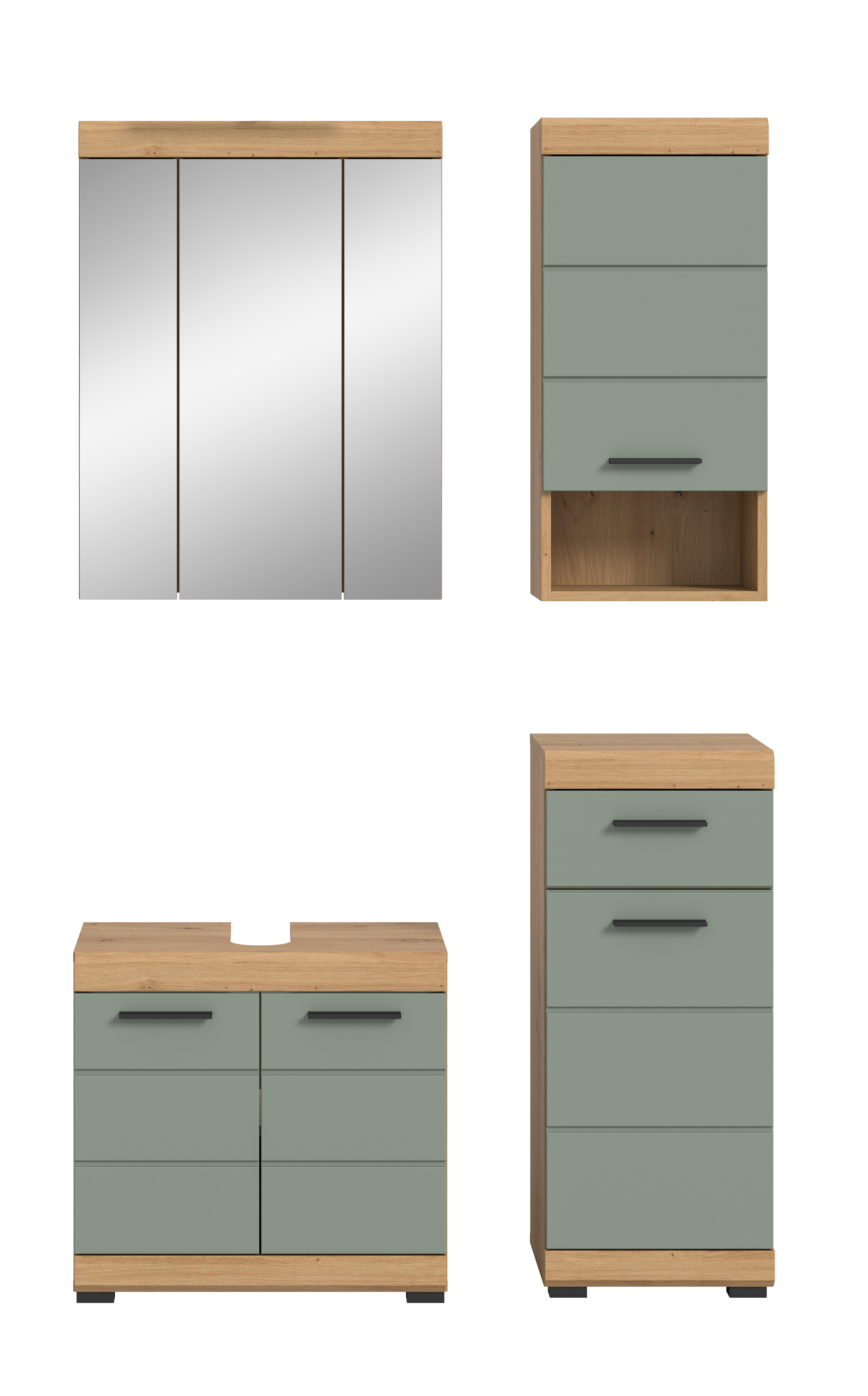 4-teilige Badkombination SCOUT - Salbei - Artisan Eiche - Spiegelschrank - 112 cm