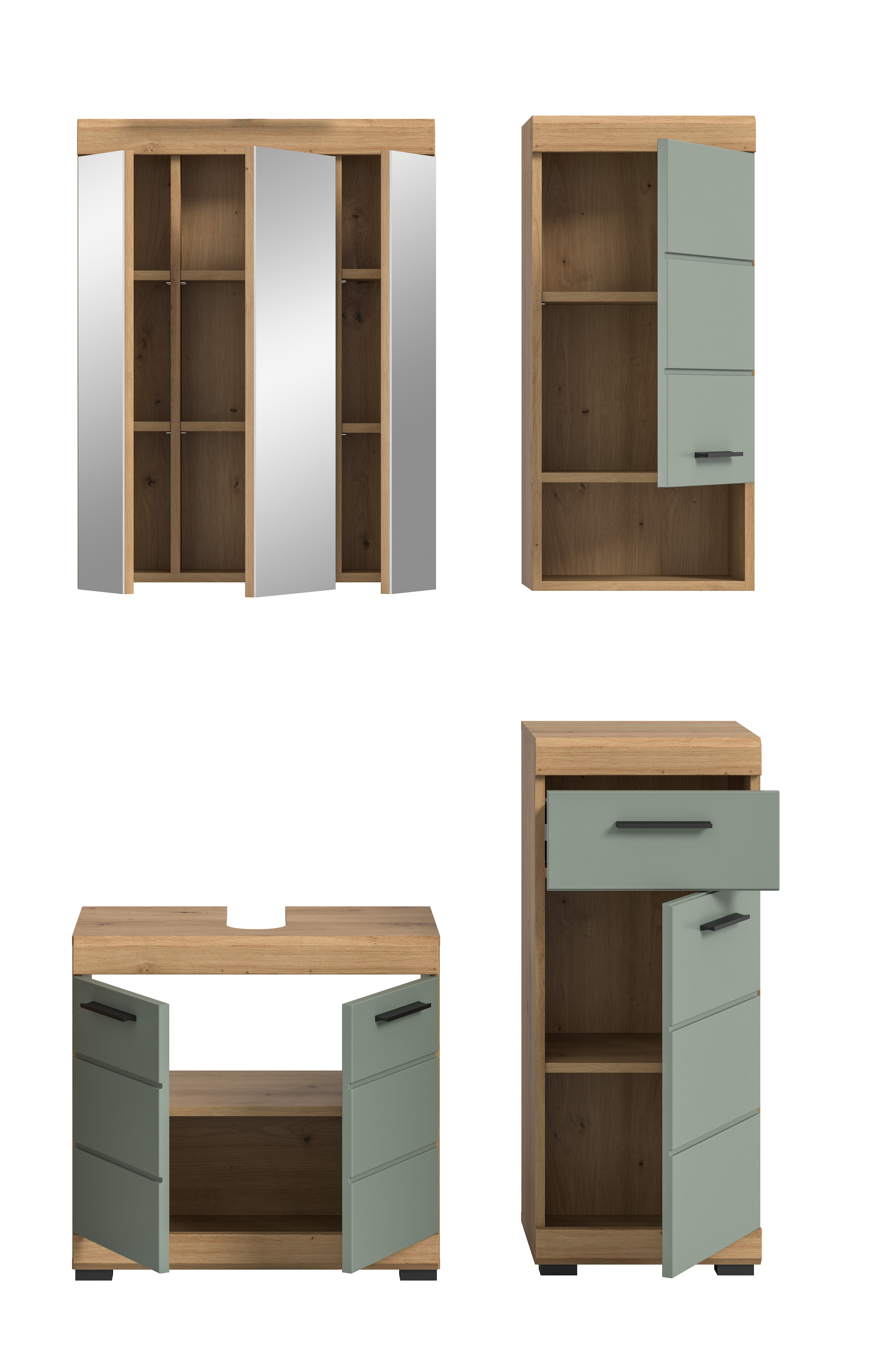 4-teilige Badkombination SCOUT - Salbei - Artisan Eiche - Spiegelschrank - 112 cm