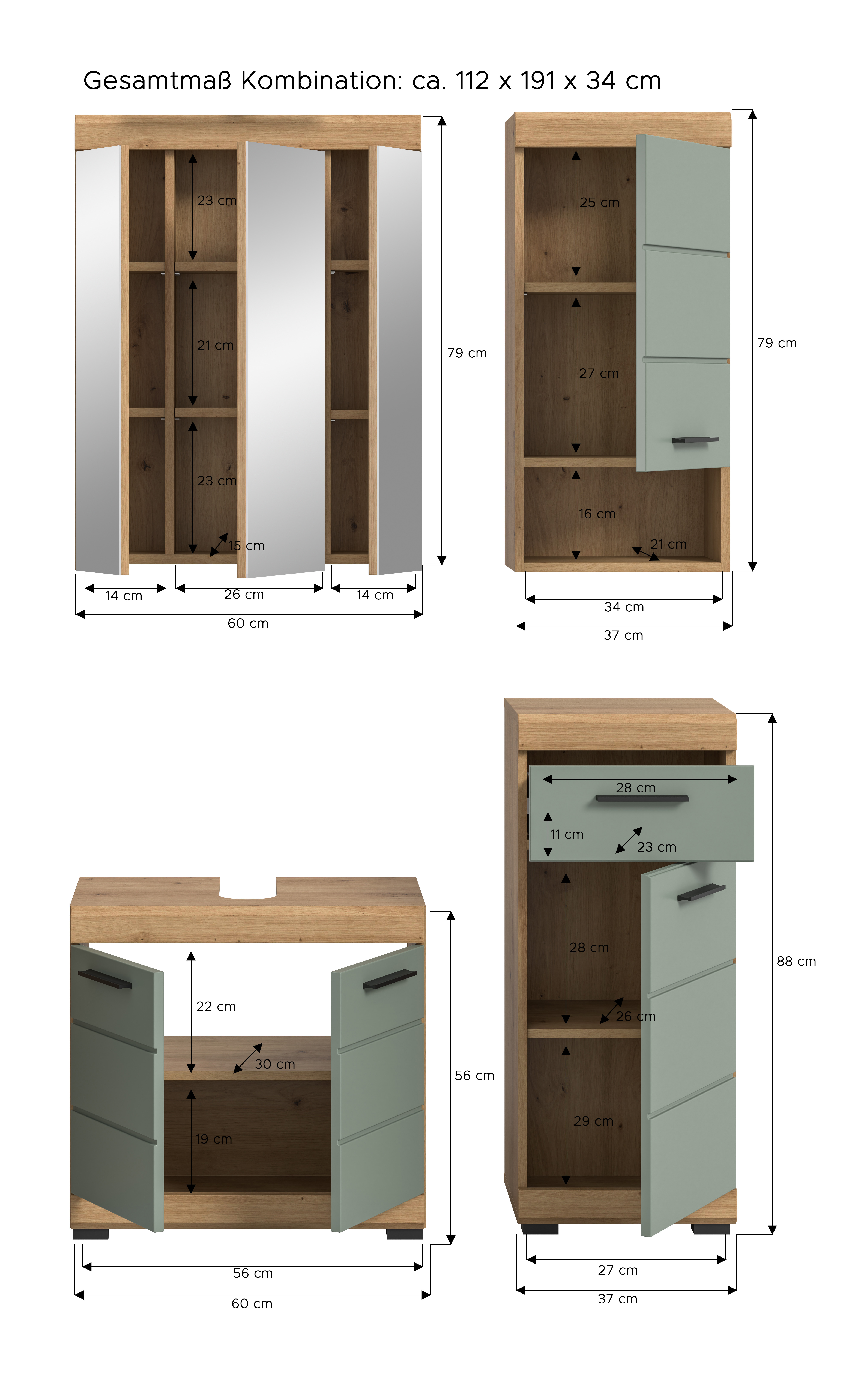 4-teilige Badkombination SCOUT - Salbei - Artisan Eiche - Spiegelschrank - 112 cm