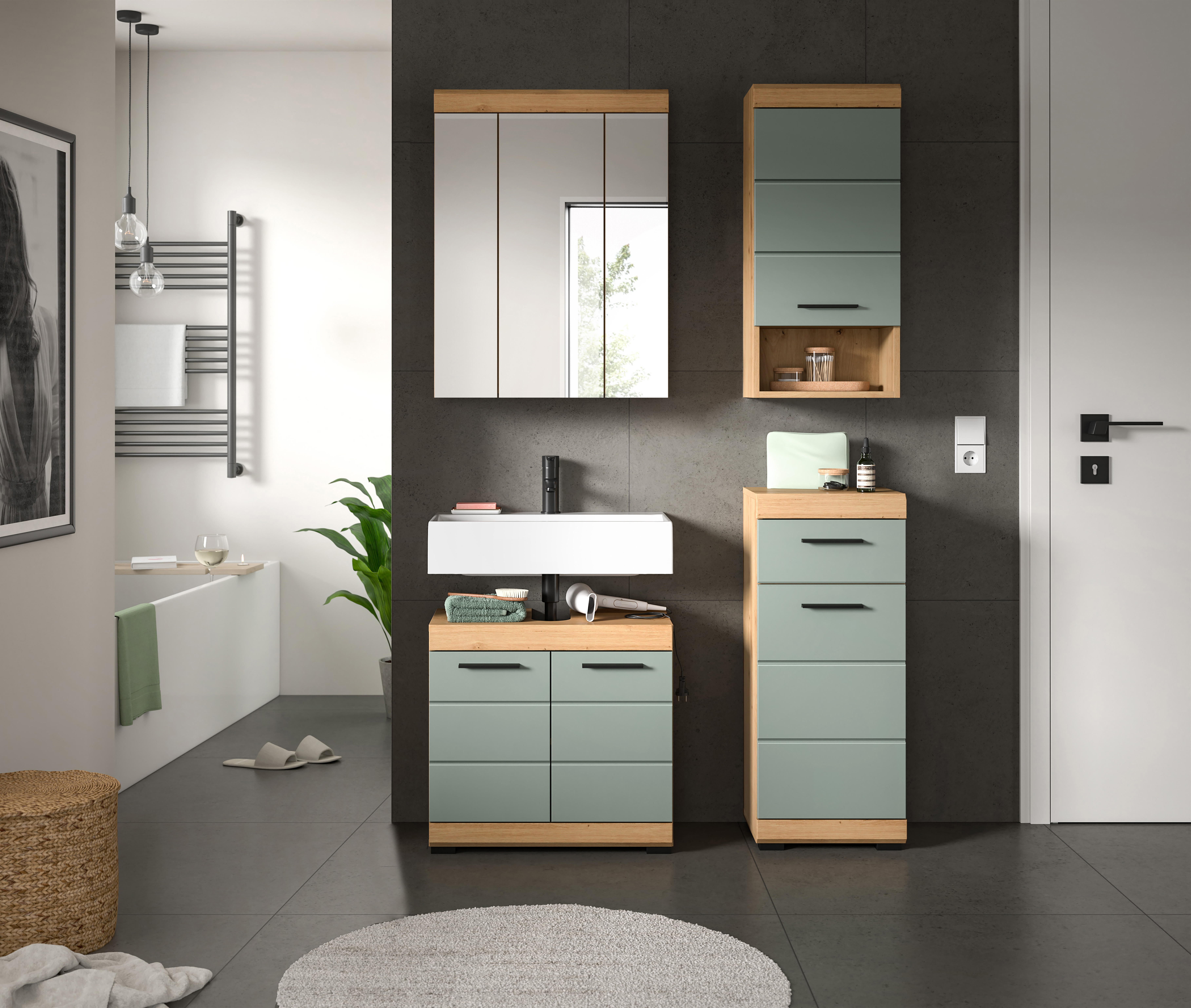 4-teilige Badkombination SCOUT - Salbei - Artisan Eiche - Spiegelschrank - 112 cm