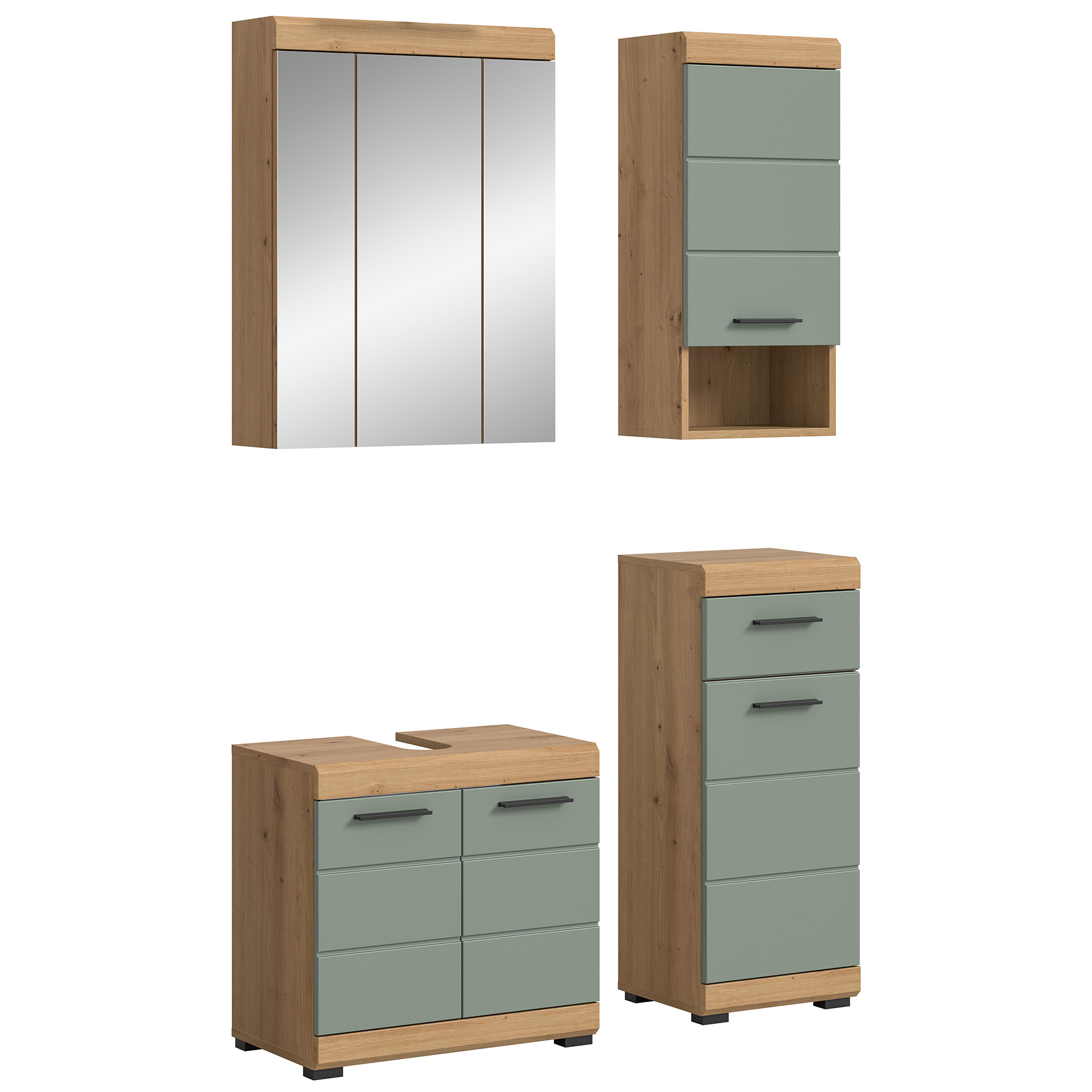 4-teilige Badkombination SCOUT - Salbei - Artisan Eiche - Spiegelschrank - 112 cm