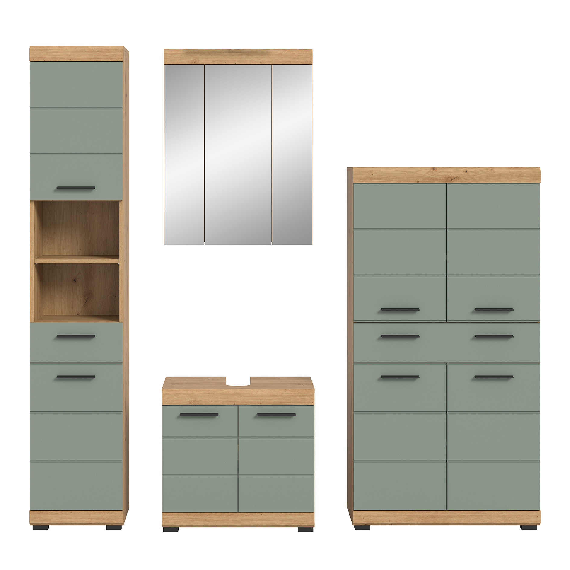 4-teilige Badkombination SCOUT - Salbei - Artisan Eiche - Spiegelschrank - 186 cm