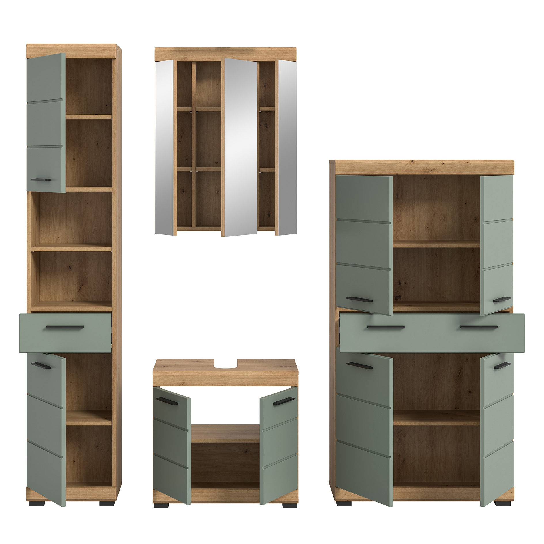 4-teilige Badkombination SCOUT - Salbei - Artisan Eiche - Spiegelschrank - 186 cm