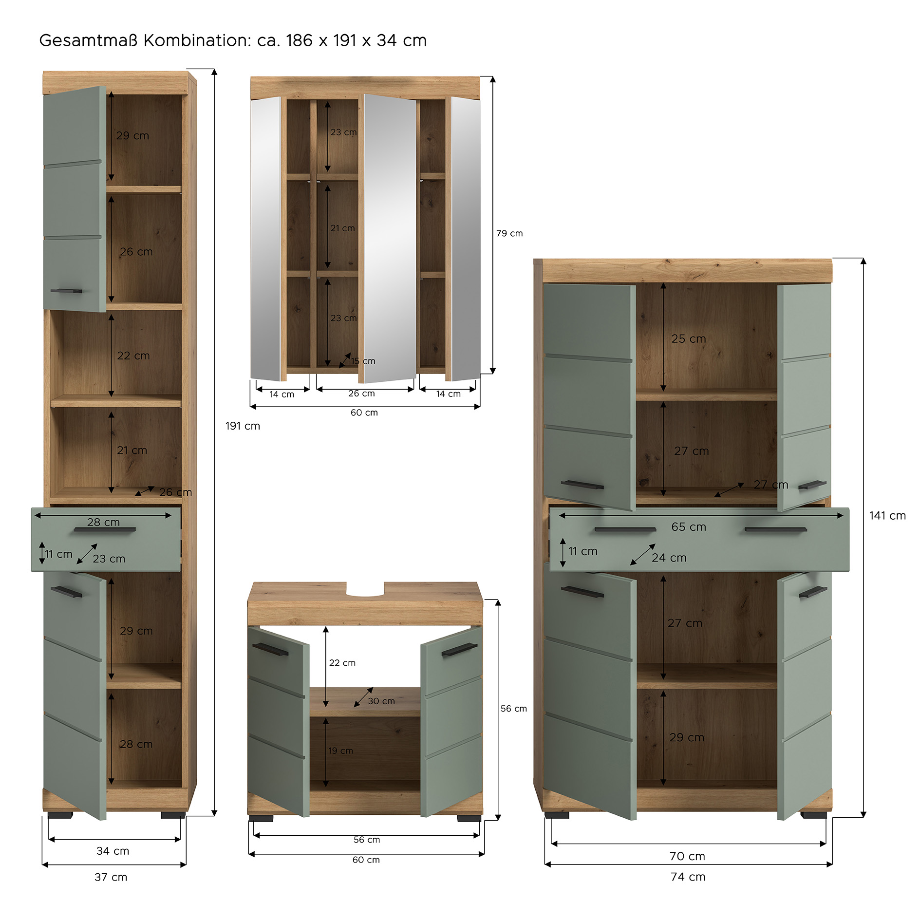 4-teilige Badkombination SCOUT - Salbei - Artisan Eiche - Spiegelschrank - 186 cm