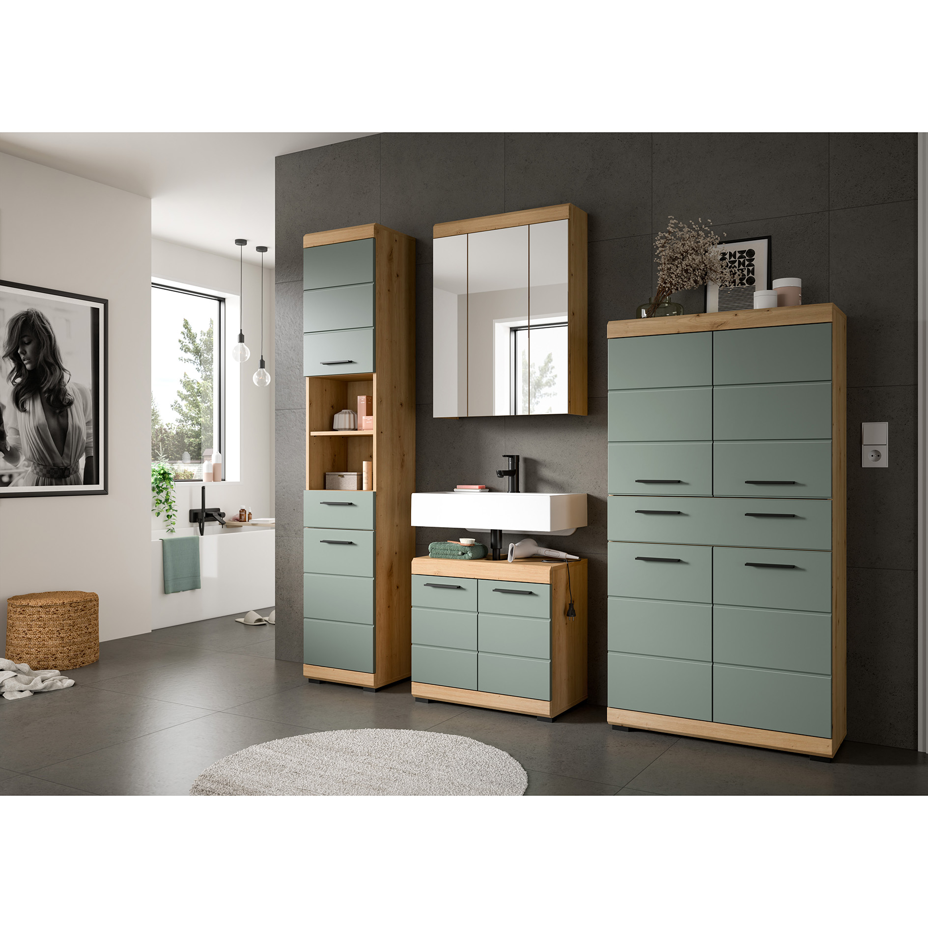 4-teilige Badkombination SCOUT - Salbei - Artisan Eiche - Spiegelschrank - 186 cm