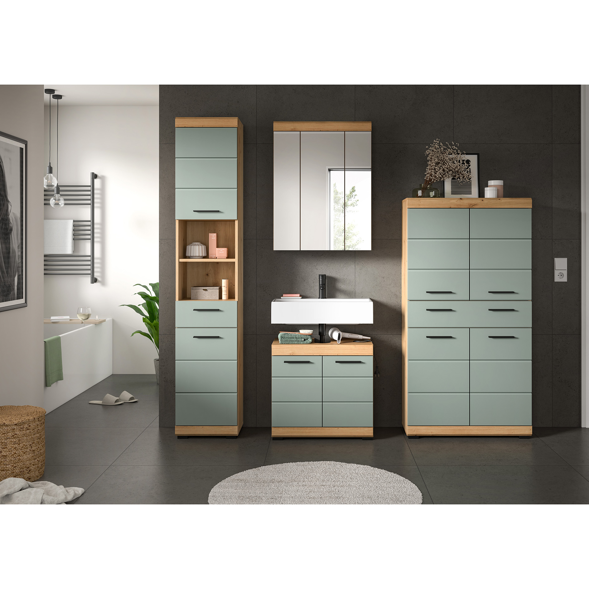 4-teilige Badkombination SCOUT - Salbei - Artisan Eiche - Spiegelschrank - 186 cm