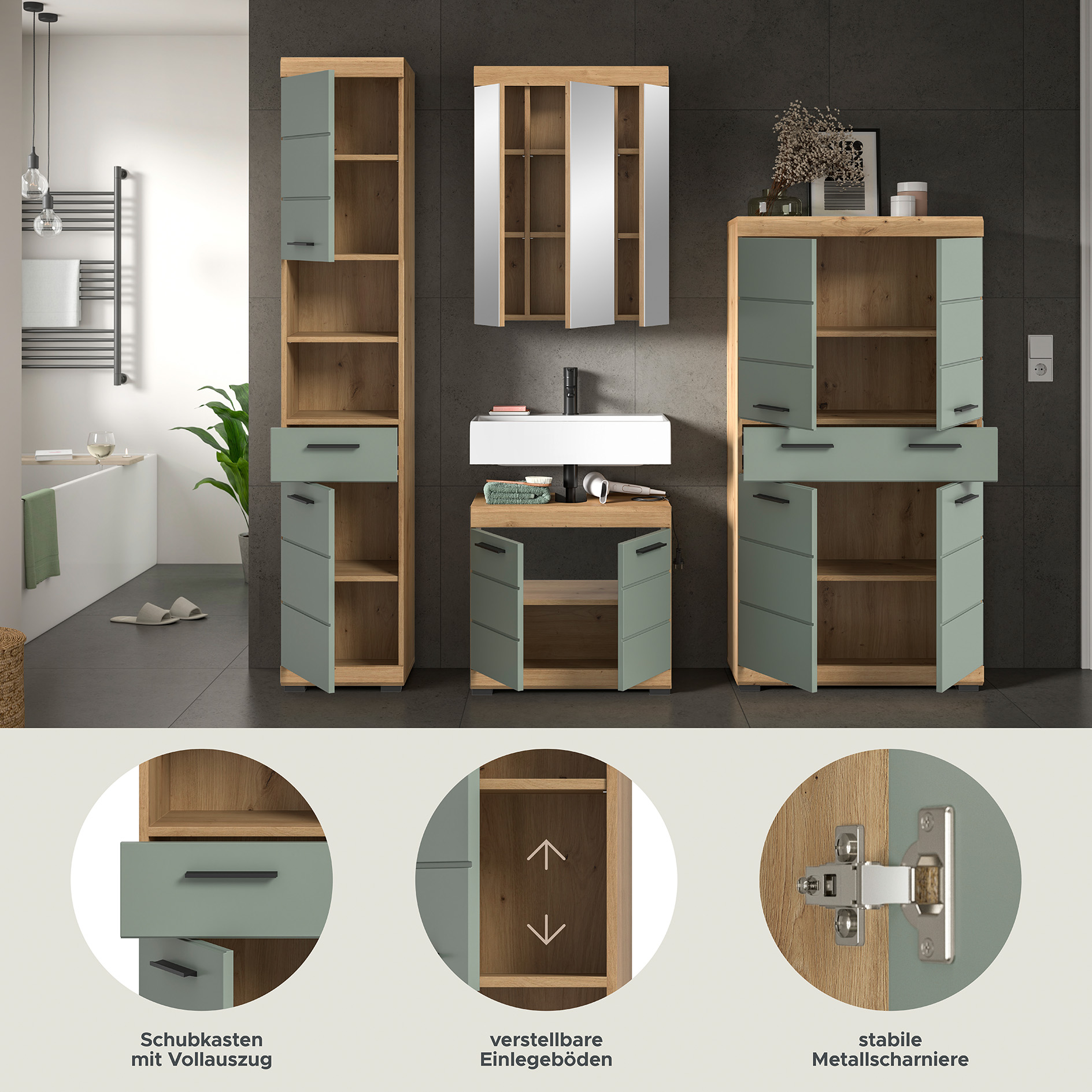 4-teilige Badkombination SCOUT - Salbei - Artisan Eiche - Spiegelschrank - 186 cm