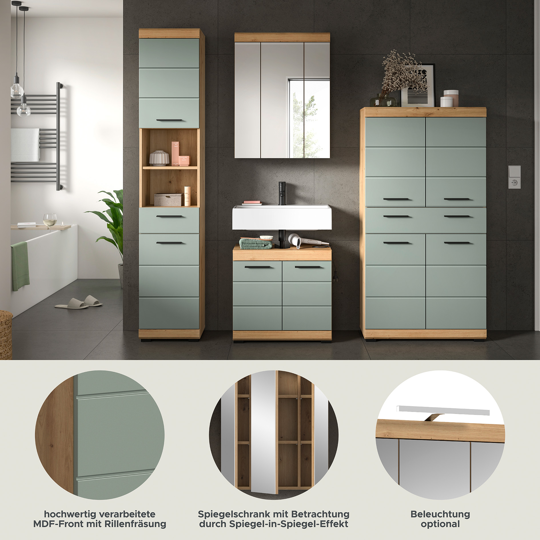 4-teilige Badkombination SCOUT - Salbei - Artisan Eiche - Spiegelschrank - 186 cm