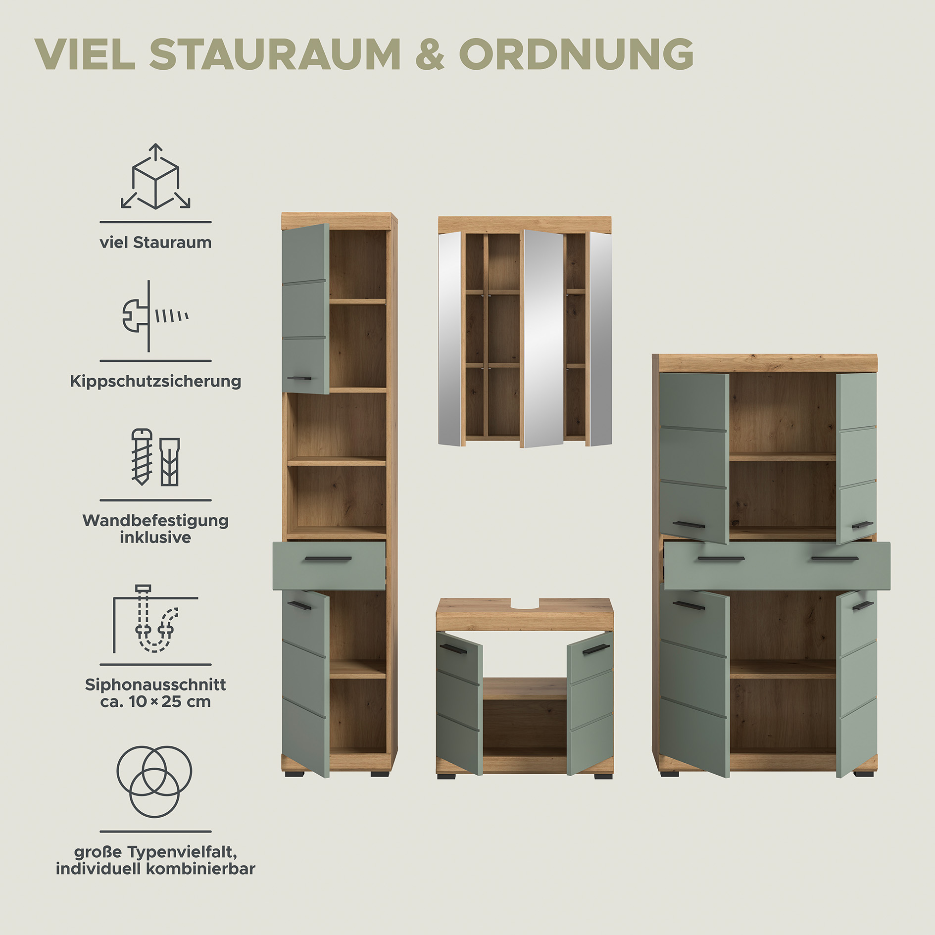 4-teilige Badkombination SCOUT - Salbei - Artisan Eiche - Spiegelschrank - 186 cm