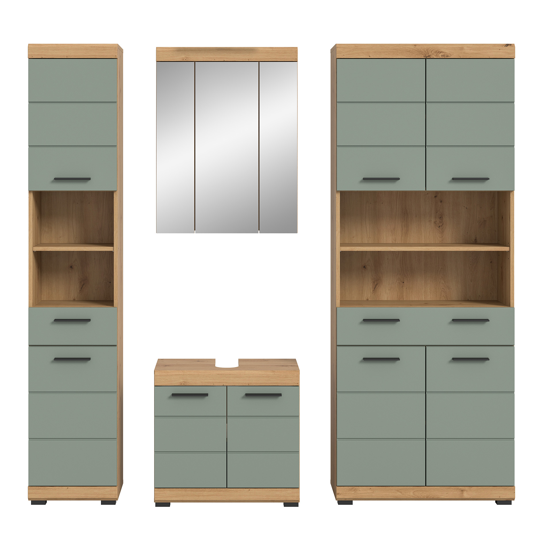 4-teilige Badkombination SCOUT - Salbei - Artisan Eiche - Spiegelschrank - 186 cm