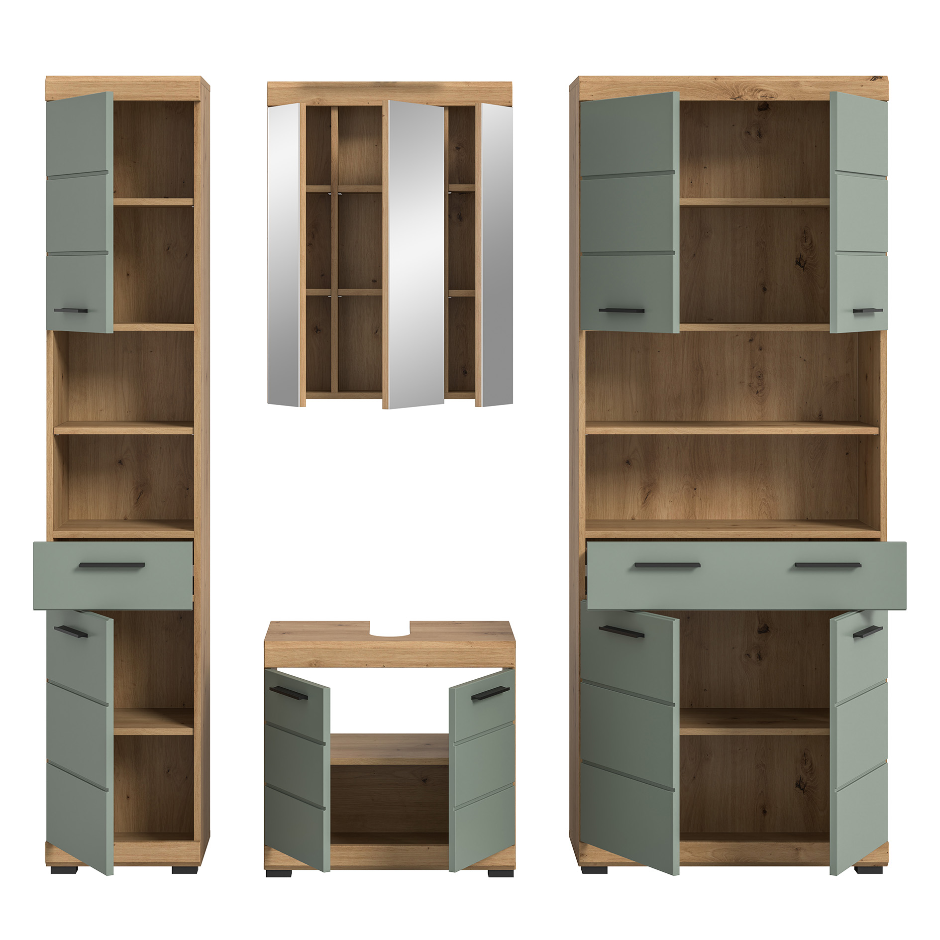 4-teilige Badkombination SCOUT - Salbei - Artisan Eiche - Spiegelschrank - 186 cm