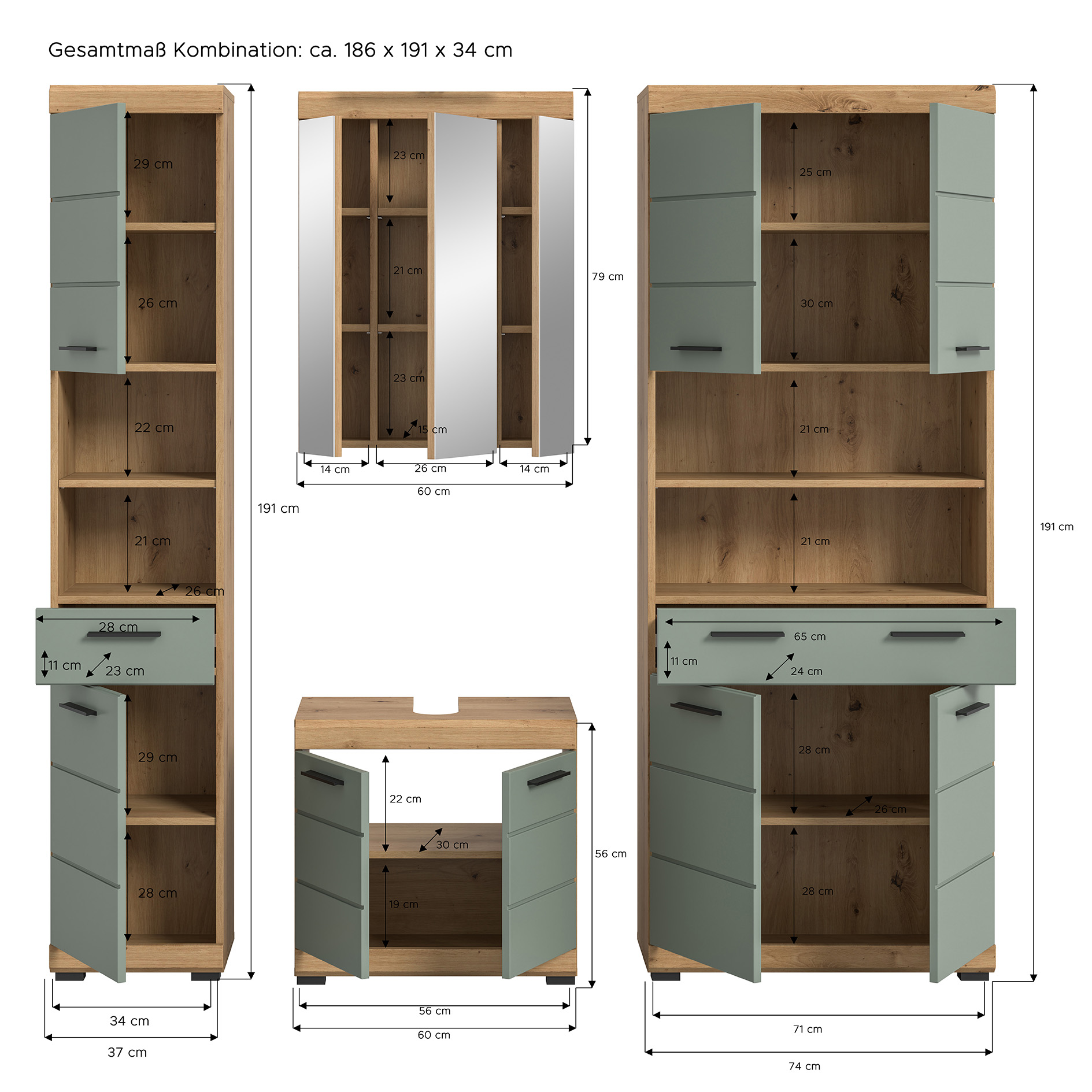 4-teilige Badkombination SCOUT - Salbei - Artisan Eiche - Spiegelschrank - 186 cm