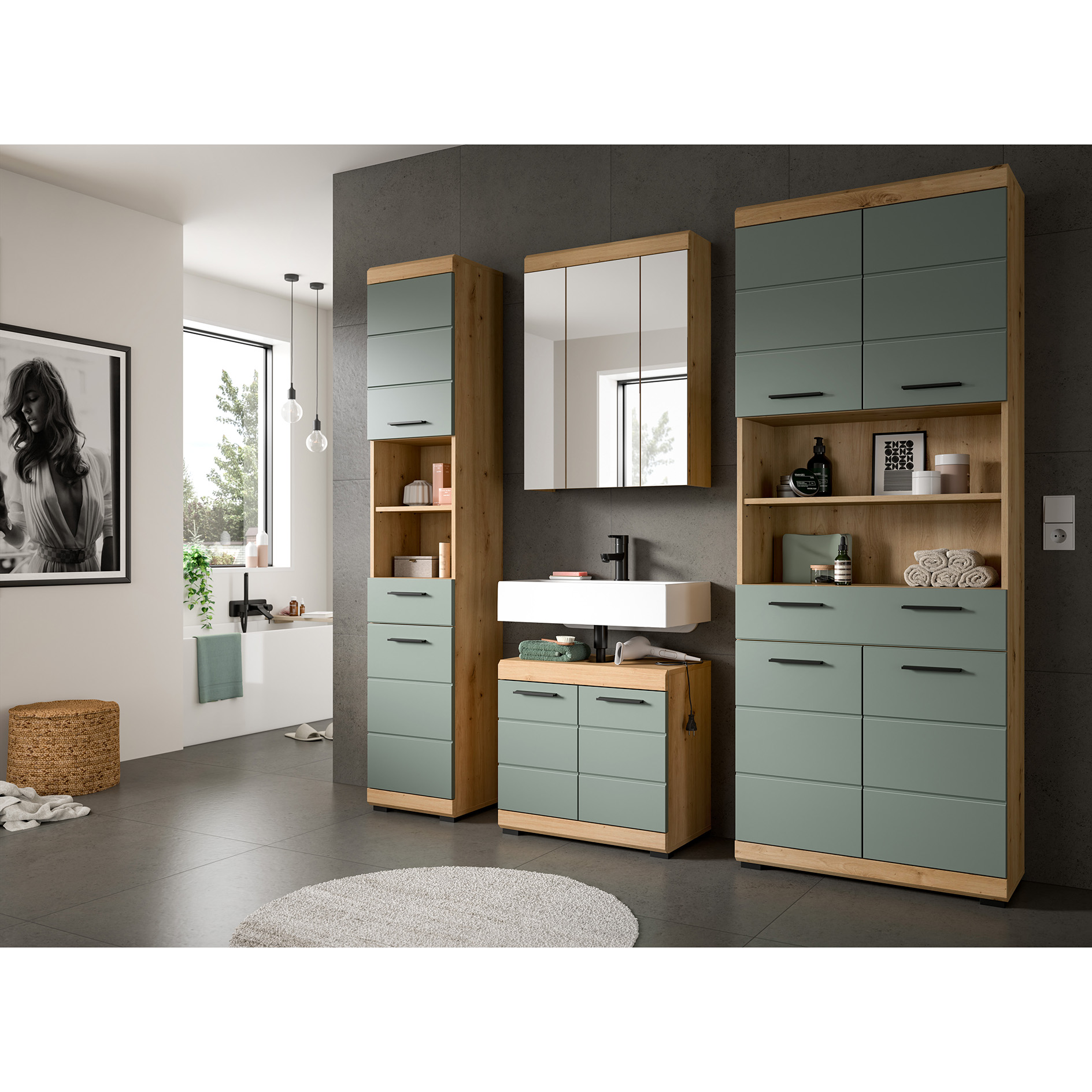4-teilige Badkombination SCOUT - Salbei - Artisan Eiche - Spiegelschrank - 186 cm